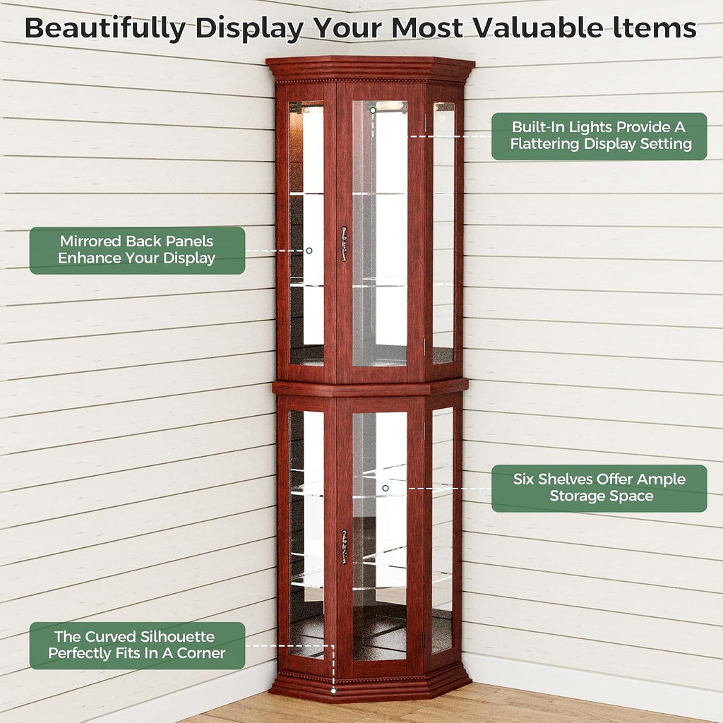 70' H Lighted Corner Display Cabinet, Wooden Storage Display Case with Tempered Glass Doors, Accent Cabinet with Adjustable Shelves for Living Room, Cherry