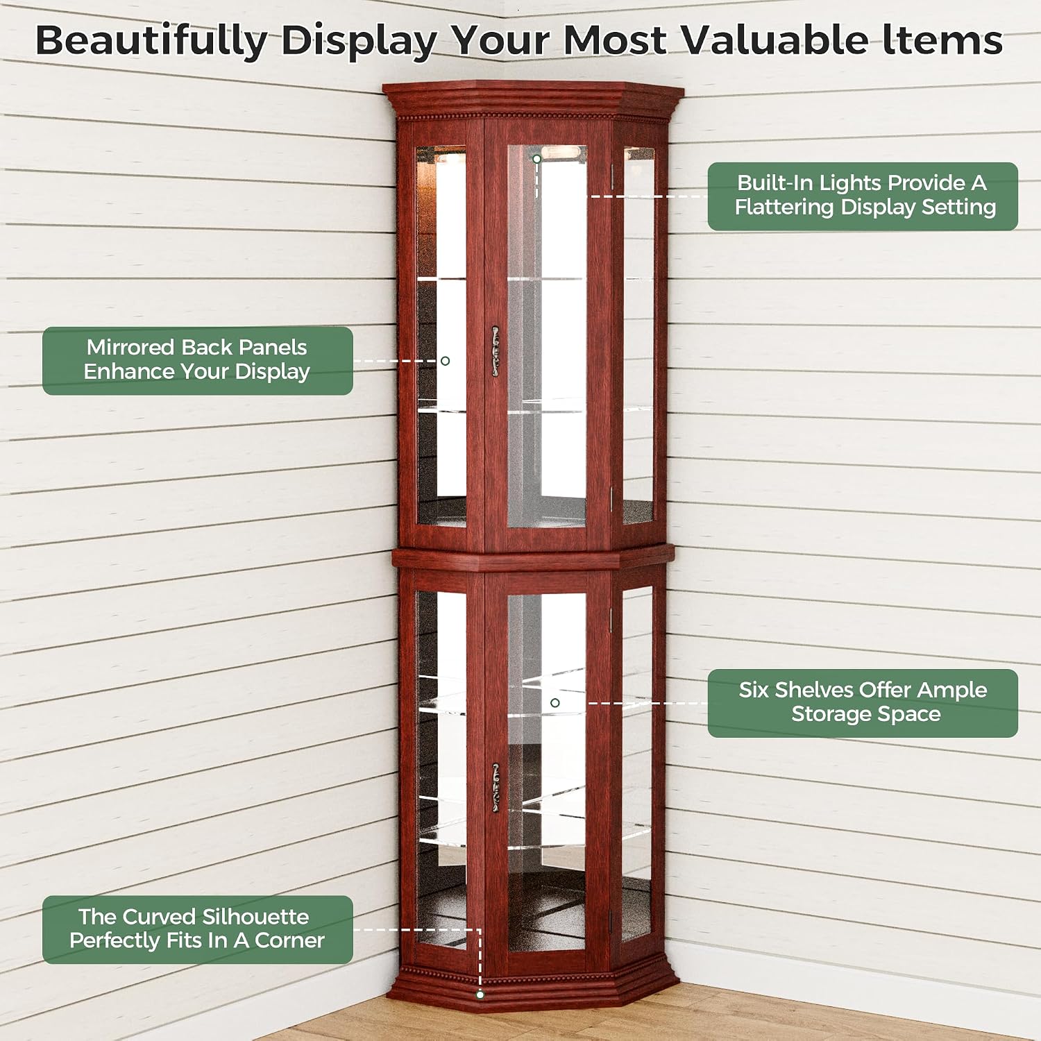 70' H Lighted Corner Display Cabinet, Wooden Storage Display Case with Tempered Glass Doors, Accent Cabinet with Adjustable Shelves for Living Room, Cherry