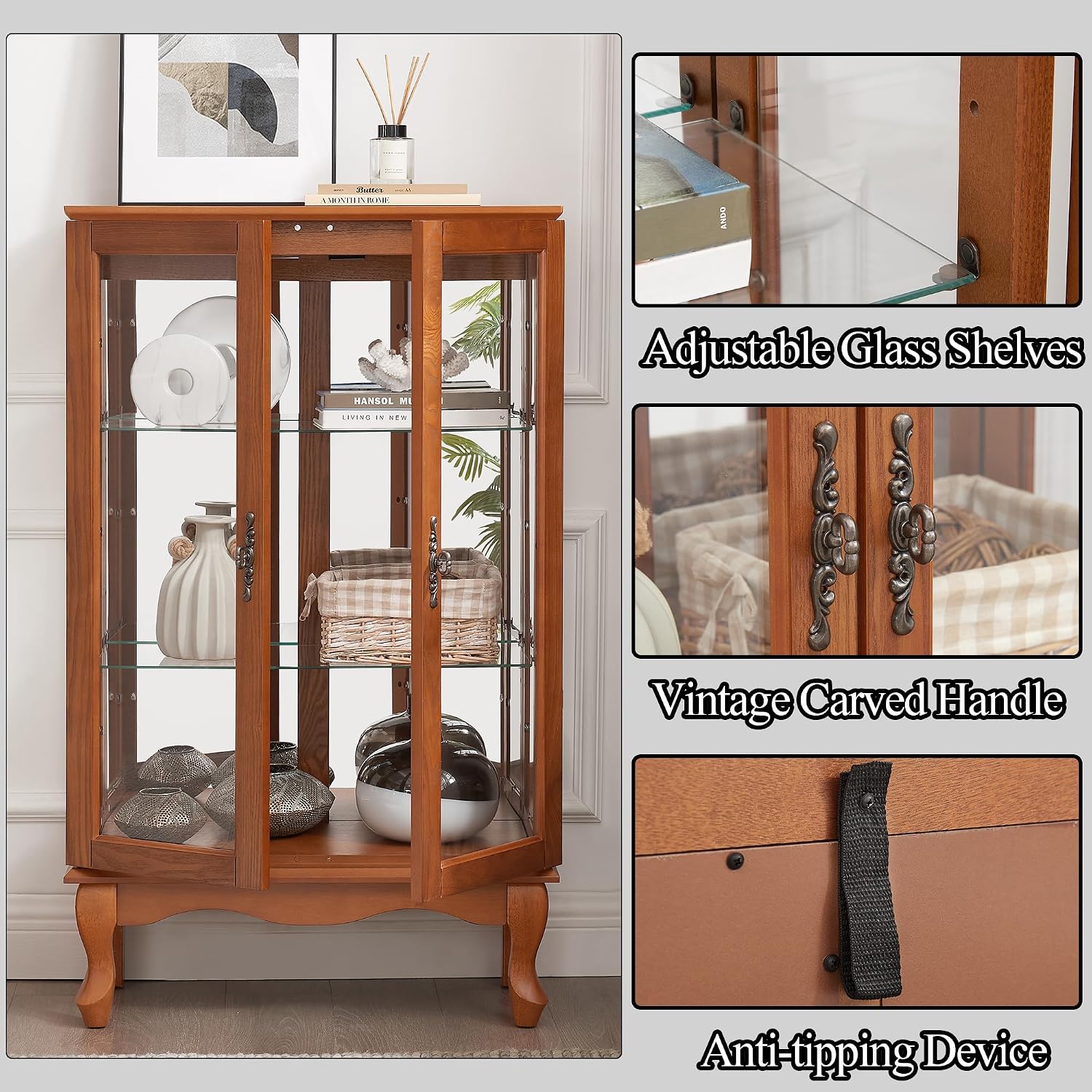 43' H Lighted Display Curio Cabinet, 3-Tier Glass Accent Storage Cabinet Curio Showcase w/ 2 Doors & Adjustable Shelves, Wine Artwork Storage Rack w/Mirrored Back Panel for Living Room (Oak)