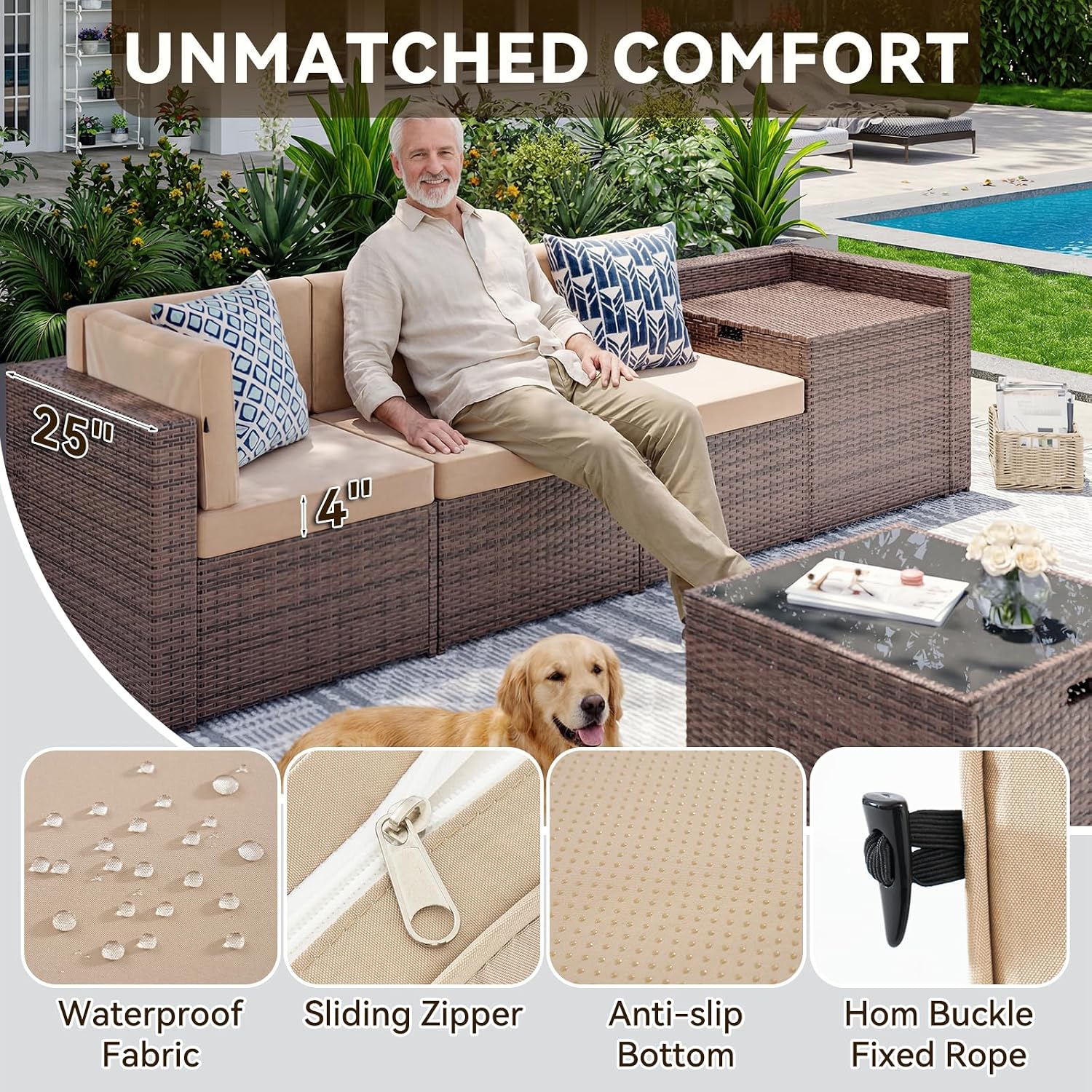 Aoxun 8-Piece Patio Furniture Set, Wicker Outdoor Sectional Sofa with Large Storage Table & Waterproof Cover, Patio Conversation Set for Backyard and Garden (Brown/Khaki)
