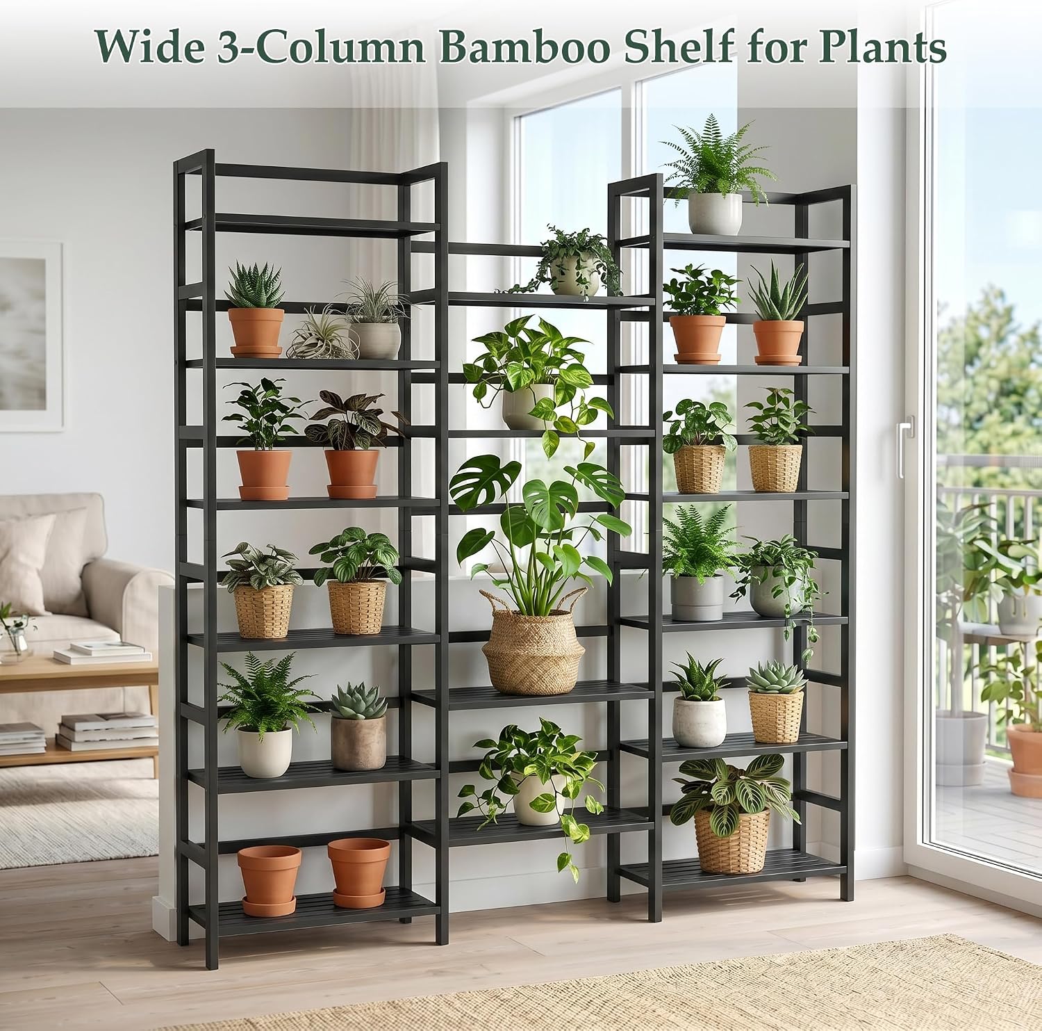 Homykic Bamboo Bookshelf, 71' Tall Triple Wide Bookcase with 17 Open Storage Shelves, 6-Tier Etagere with Back Rails, Large Display Shelf for Books, Plants, Home Office, Max Load 748LBS, Black