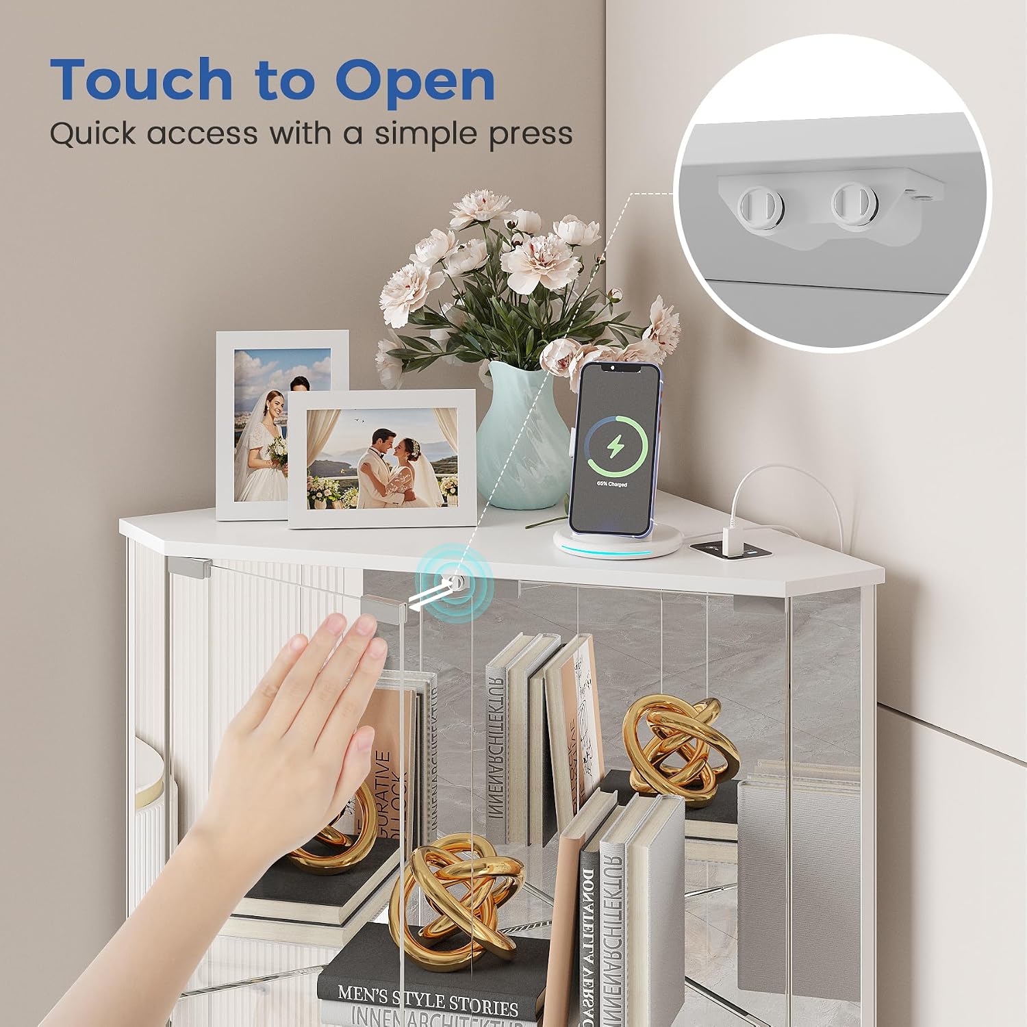 TAGELIER Corner Cabinet with Glass Doors, Small Storage Cabinet with LED Lights and Charging Station, 2-Tier Curio Cabinet with Storage for Living Room, Bedroom or Kitchen, White