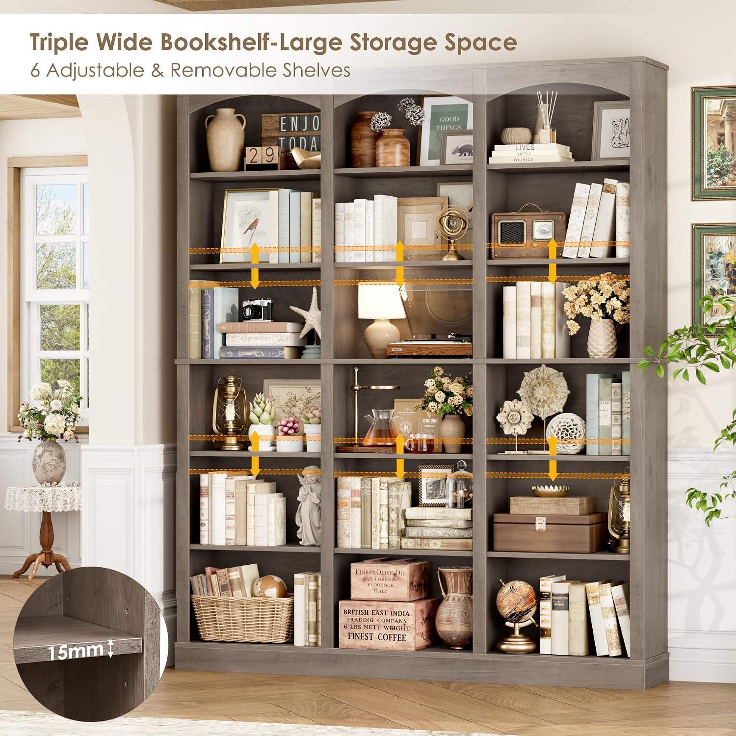 FACBOTALL 71' Triple Wide Bookshelf, 6 Tier Tall Bookshelf, Large Bookcase with Curved Baffle, 63.4' Wide Book Shelf with 18 Open Display Shelves for Living Room, Study, Gray