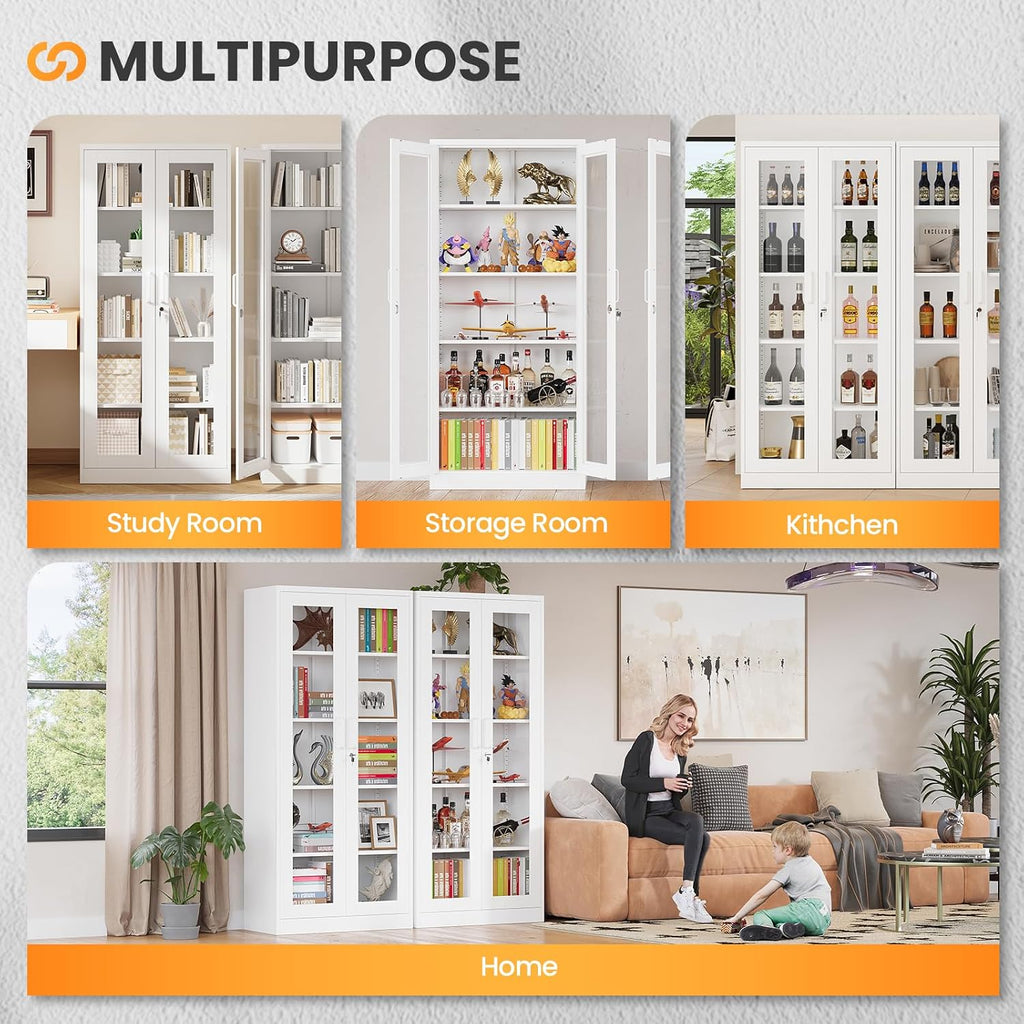 Locking Display Cabinet with Glass Door, 71'H Metal Curio Cabinets with Adjustable Shelves, White Liquor Caninet Display Case for Living Room, Collectibles, Clinic, Home - Assembly Required