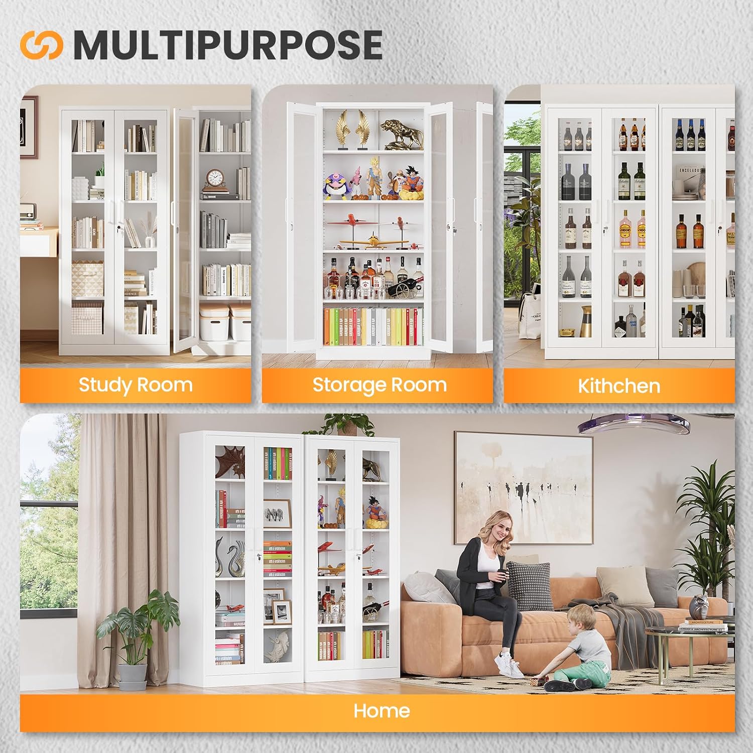 Locking Display Cabinet with Glass Door, 71'H Metal Curio Cabinets with Adjustable Shelves, White Liquor Caninet Display Case for Living Room, Collectibles, Clinic, Home - Assembly Required