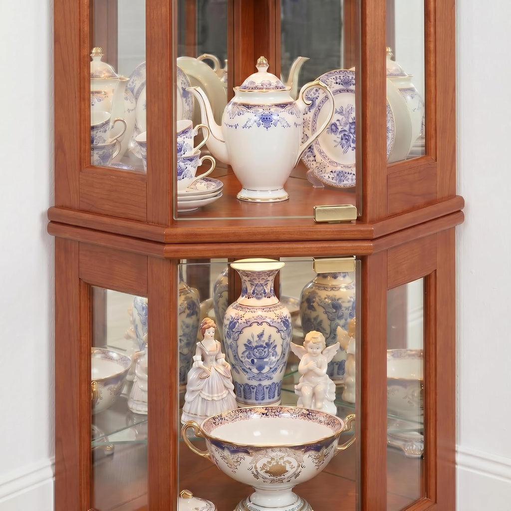 Casaphoria 72' Lighted Corner Curio Cabinet with Glass Doors, Antique Tall Display Cabinet for Collectibles with Arched Carved Crown for Liquor Storage, Living Room (Cherry)