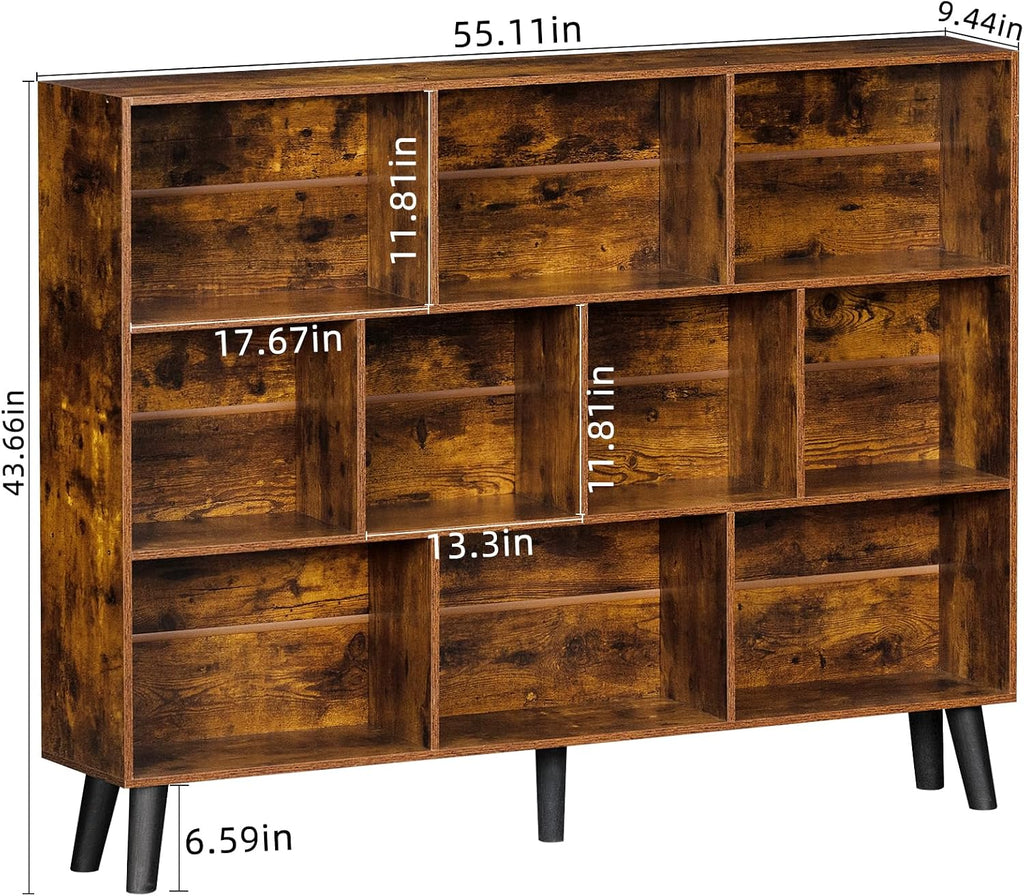 LEYAOYAO 10 Cube Bookshelf, 3 Tier Vintage 55.12' Wide Bookcase with Legs, Mid-Century Wood Bookshelves Storage, Brown Large Book Case, Freestanding Organizer Display Shelf for Living Room, Office