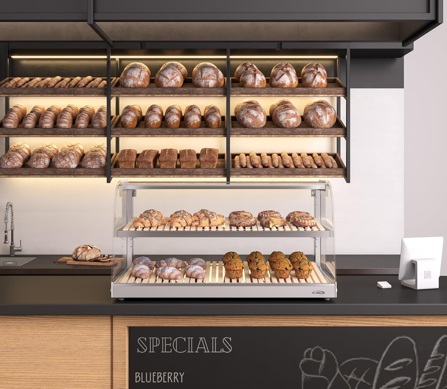 KoolMore 40 in. Glass Countertop Dry Bakery Display Case with Two Shelves and Bamboo Trays (DC-53C-B)