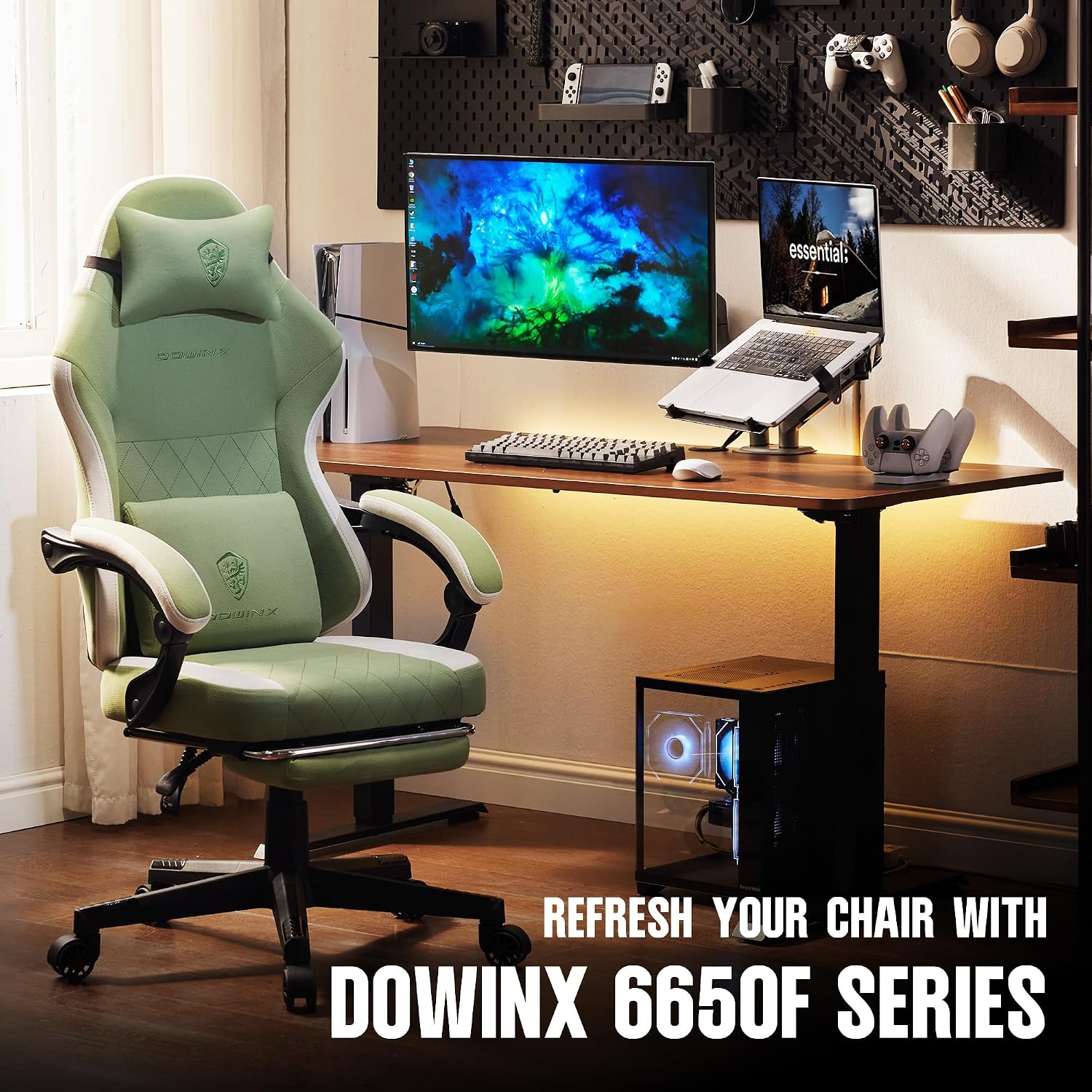 Dowinx Gaming Chair Fabric with Pocket Spring Cushion, High Back Ergonomic Computer Chair with Footrest for Adults, Massage Lumbar Support Swivel Game Chair for Office Gaming 300LBS, Green