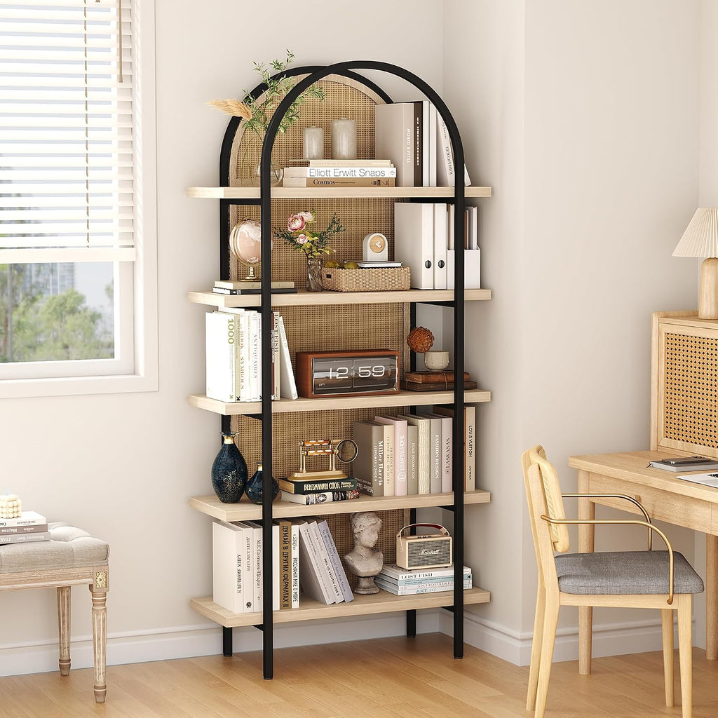 Yusong Bookshelf Rattan 5 Tier Arched Bookcase, 74' Tall Industrial Open Book Shelves for Living Room, Modern Freestanding Display Shelving Boho Storage Rack with Metal Frame for Office, Brown