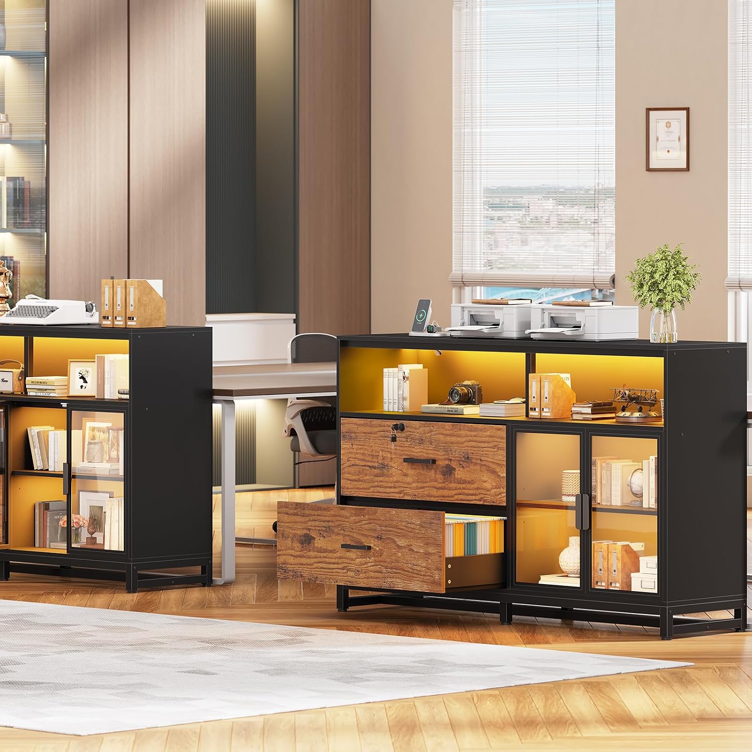SEDETA 59' File Cabinet, 2 Drawers Filing Cabinets for Home Office fit Legal/Letter/A4 File, File Cabinet with Lock & Power Outlets, Printer Stand with Storage & LED Lights, Rustic Brown