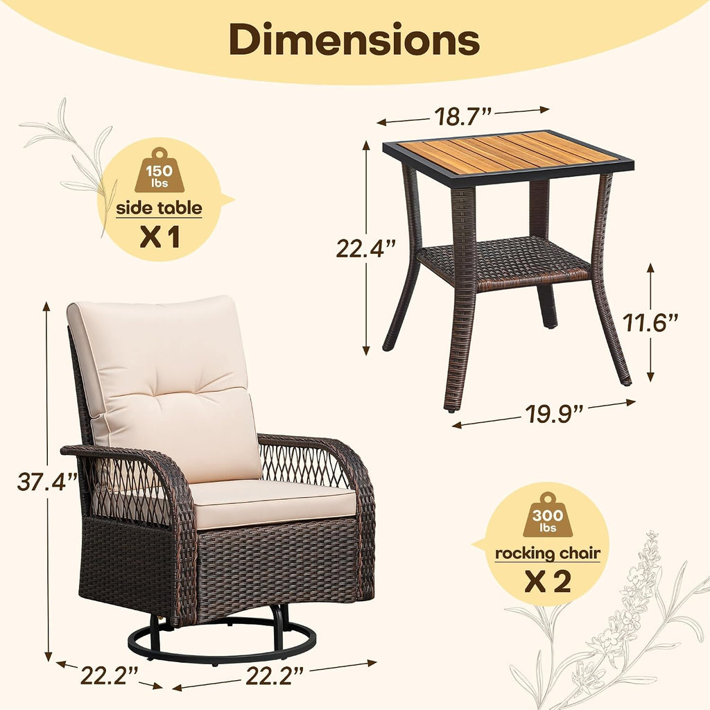 Devoko Patio Furniture Set Outdoor 3 Pieces Wicker Swivel Rocking Chairs Set of 2 with Coffee Table, Patio Conversation Set for Porch, Balcony, Deck, Garden (Brown)