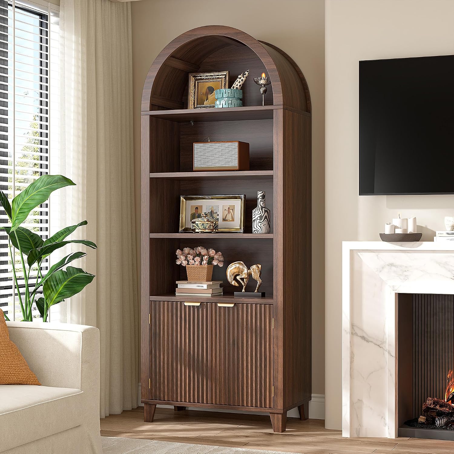 DurayLoly 79.9' Tall Arched Cabinet, 6-Tier Arched Bookcase with Fluted Doors and Adjustable Wood Shelves, Wooden Storage Cabinet with Tall Bookshelf for Office, Living Room, Kitchen, Walnut
