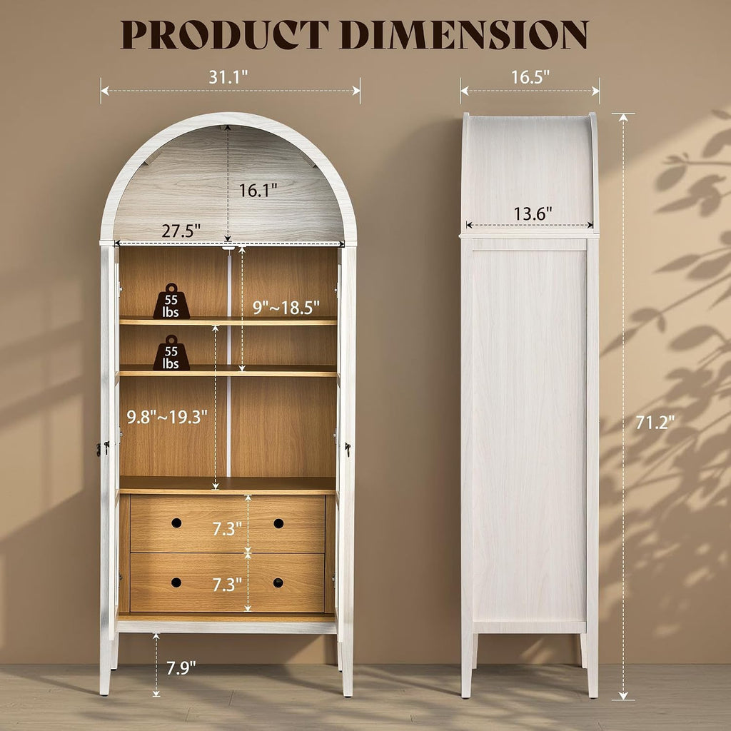 AMERLIFE Set of 2 71' Tall Arched Storage Cabinet with Glass Doors & Drawers, Modern Bookshelf with Adjustable Shelves, Elegant Display Cabinet for Living Room, Kitchen, White