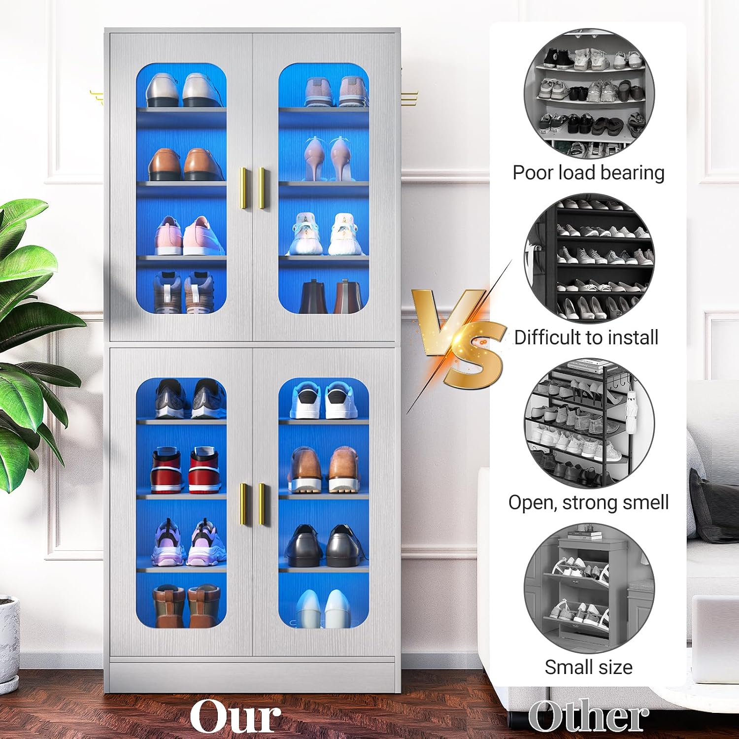 Cyclysio 67' Display Cabinet with PC Doors & LED Lighting - 8-Tier Storage Cabinet with 330lb Capacity & Adjustable Shelves for Entryway, Bedroom (Grey, Set of 1)