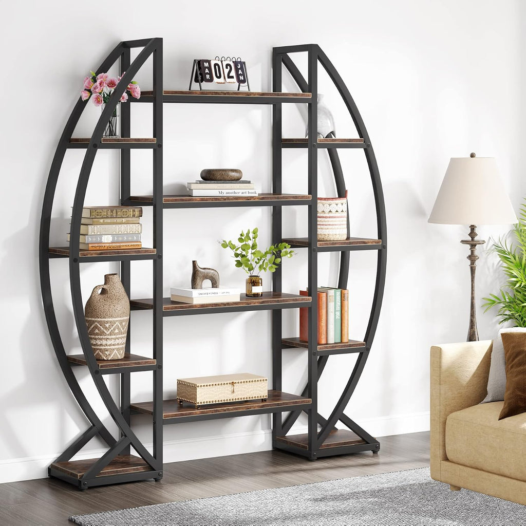 Tribesigns Oval Bookshelf, Triple Wide 5 Tier Etagere Bookcase, Industrial Display Shelves for Living Room (Brown, 55')