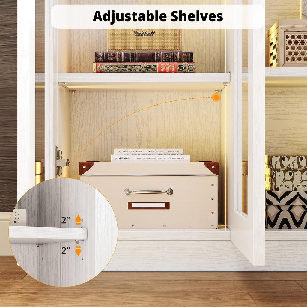 IRONCK Corner Bookshelf with LED Lights, 78.7' Tall Corner Bookshelves with 2 Drawers & Transparent Doors, 7 Tiers L-Shaped Bookcase with Open Shelves and Pegboards for Living Room, Home Office, White