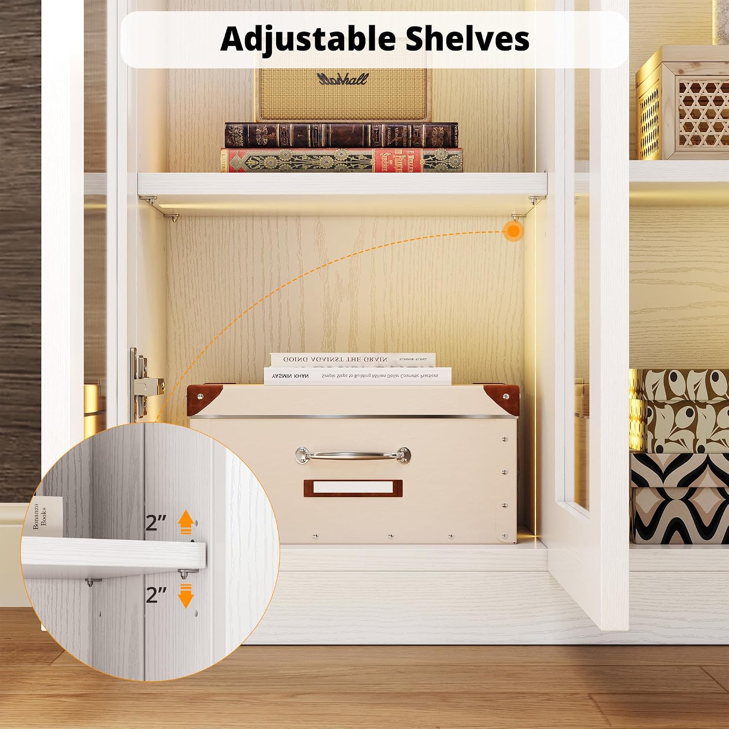 IRONCK Corner Bookshelf with LED Lights, 78.7' Tall Corner Bookshelves with 2 Drawers & Transparent Doors, 7 Tiers L-Shaped Bookcase with Open Shelves and Pegboards for Living Room, Home Office, White