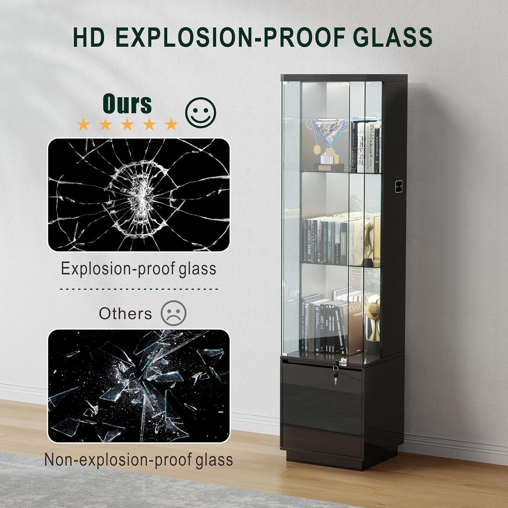 Lvifur Lockable Curio Display Cabinet with Glass Door,65' Lighted Curio Cabinet with 3 Color Lights for Collectibles,3-Tier Glass Display Case with Human Body Sensor for Living Room,Black