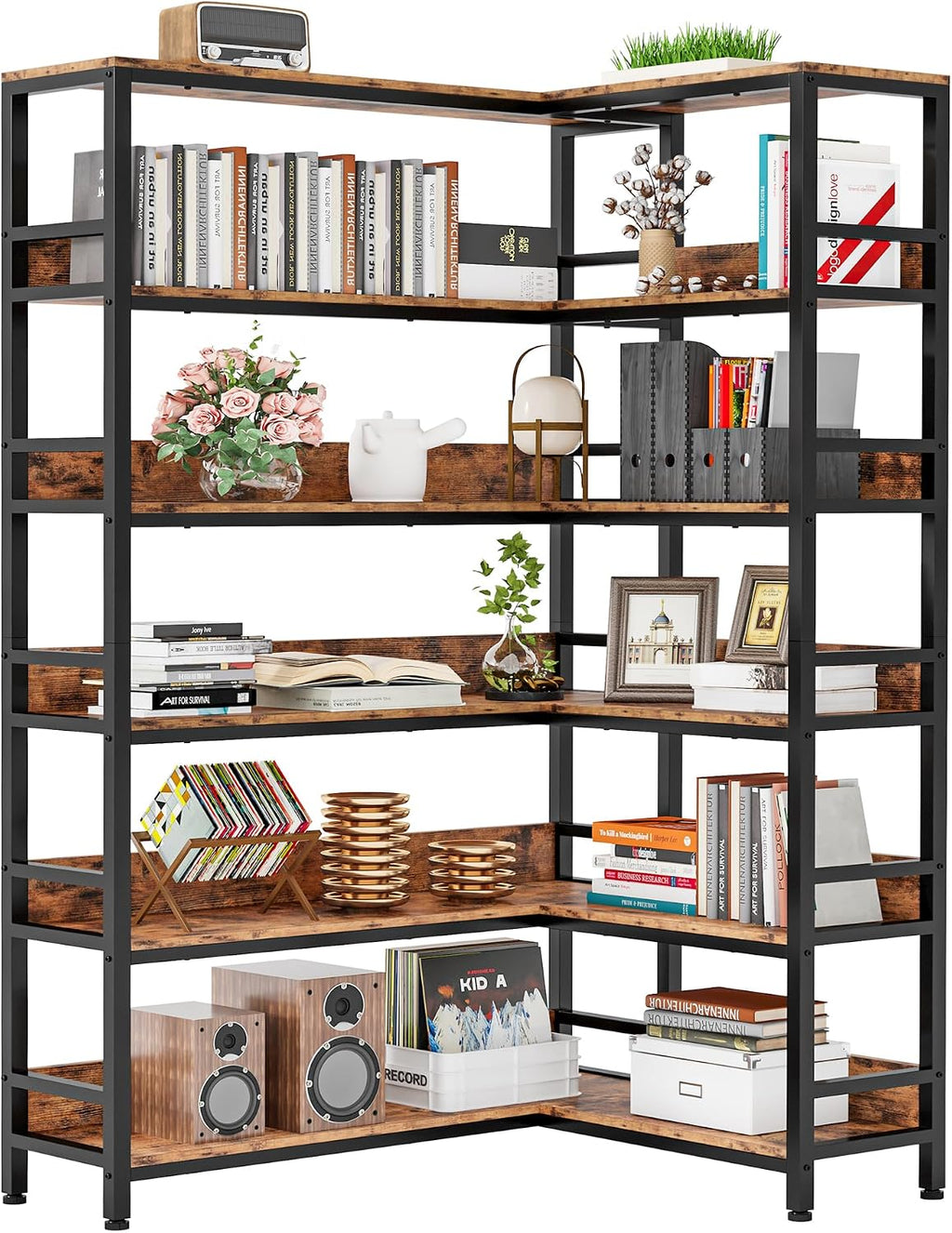 IRONCK Corner Bookshelf 6 Tiers, Industrial Corner Bookcase with Baffles Etagere, L Shaped Bookshelves with Metal Frame, Corner Shelf Storage Rack for Living Room Home Office
