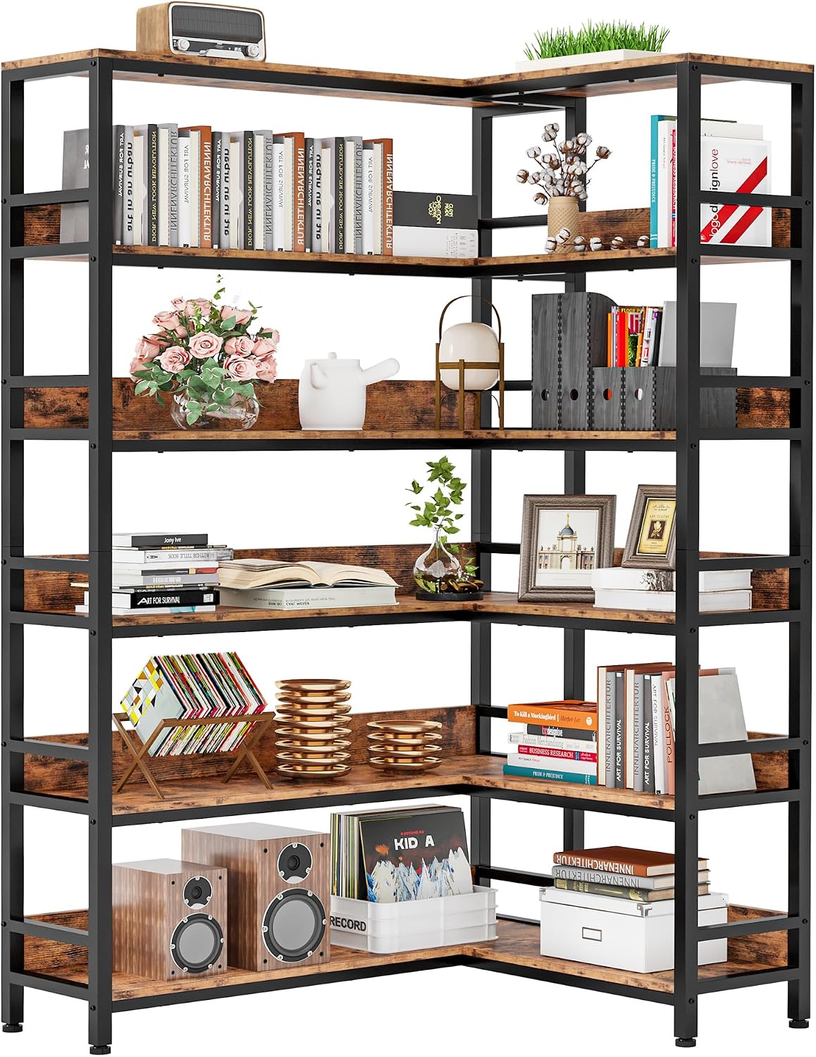 IRONCK Corner Bookshelf 6 Tiers, Industrial Corner Bookcase with Baffles Etagere, L Shaped Bookshelves with Metal Frame, Corner Shelf Storage Rack for Living Room Home Office