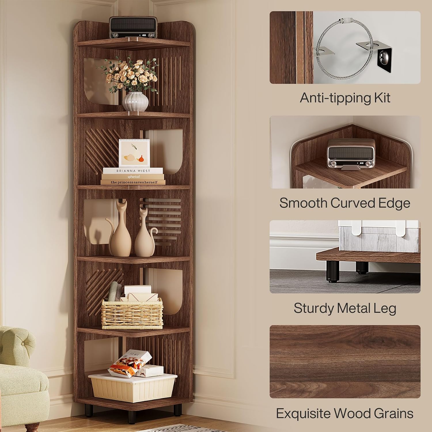 Tribesigns 6-Tier Tall Corner Shelf, 71-Inch Rustic Narrow Corner Bookshelf Bookcase with Square Rack, Freestanding Corner Display Storage Shelf Organizer for Living Room, Kitchen, Office, Brown
