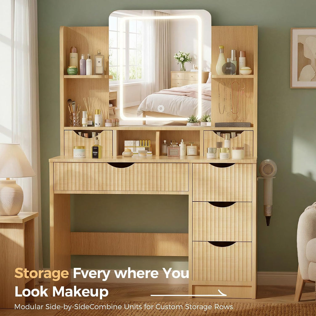 Vanity Desk with Mirror and Lights, Makeup Vanity Table with Large 6 Drawers Modern Fluted Wooden Dressing Table with Jewelry Hook 3 Color Modes Adjustable LED Mirror for Women Girls Bedroom or Dorm