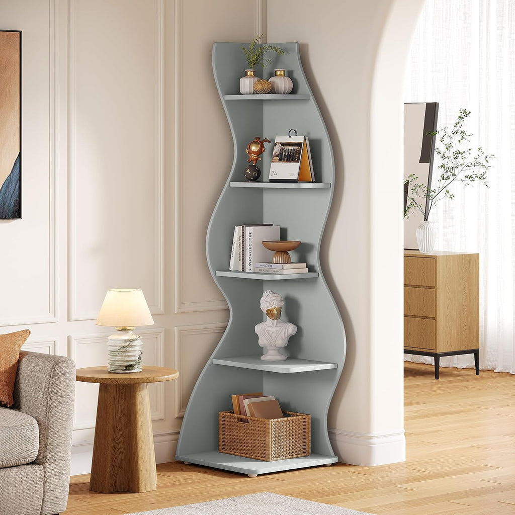 Tribesigns Wavy Corner Shelf, Modern 5-Tier Bookshelf Bookcase with Curvy Shape, Unique Plant Stand Display Rack for Living Room Small Space (Blue)