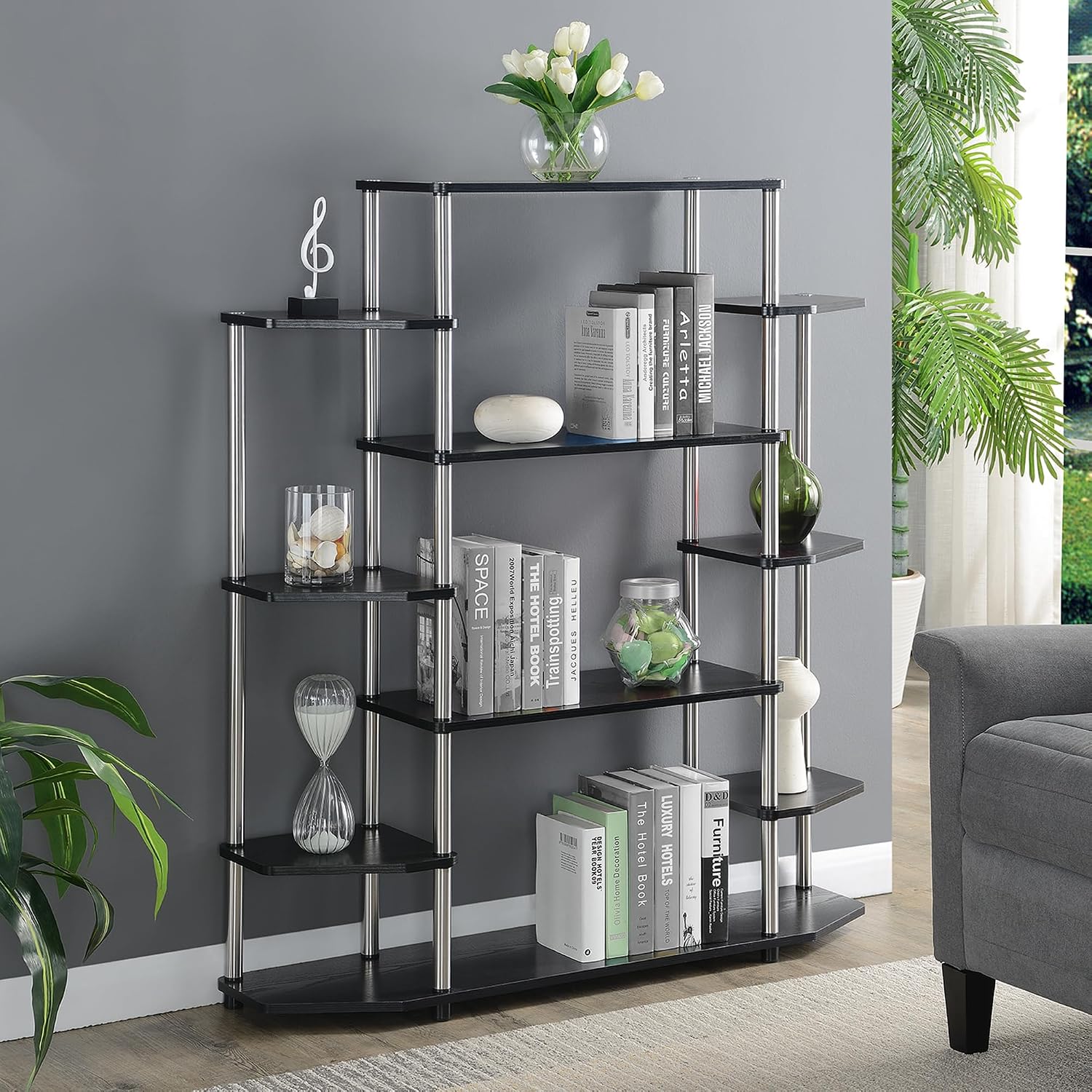 Convenience Concepts Designs2Go No Tools Wall Unit Bookshelf 47.25' - Contemporary Storage Shelves for Display, 10 Spacious Shelves for Modern Living Room, Office, Den, Black