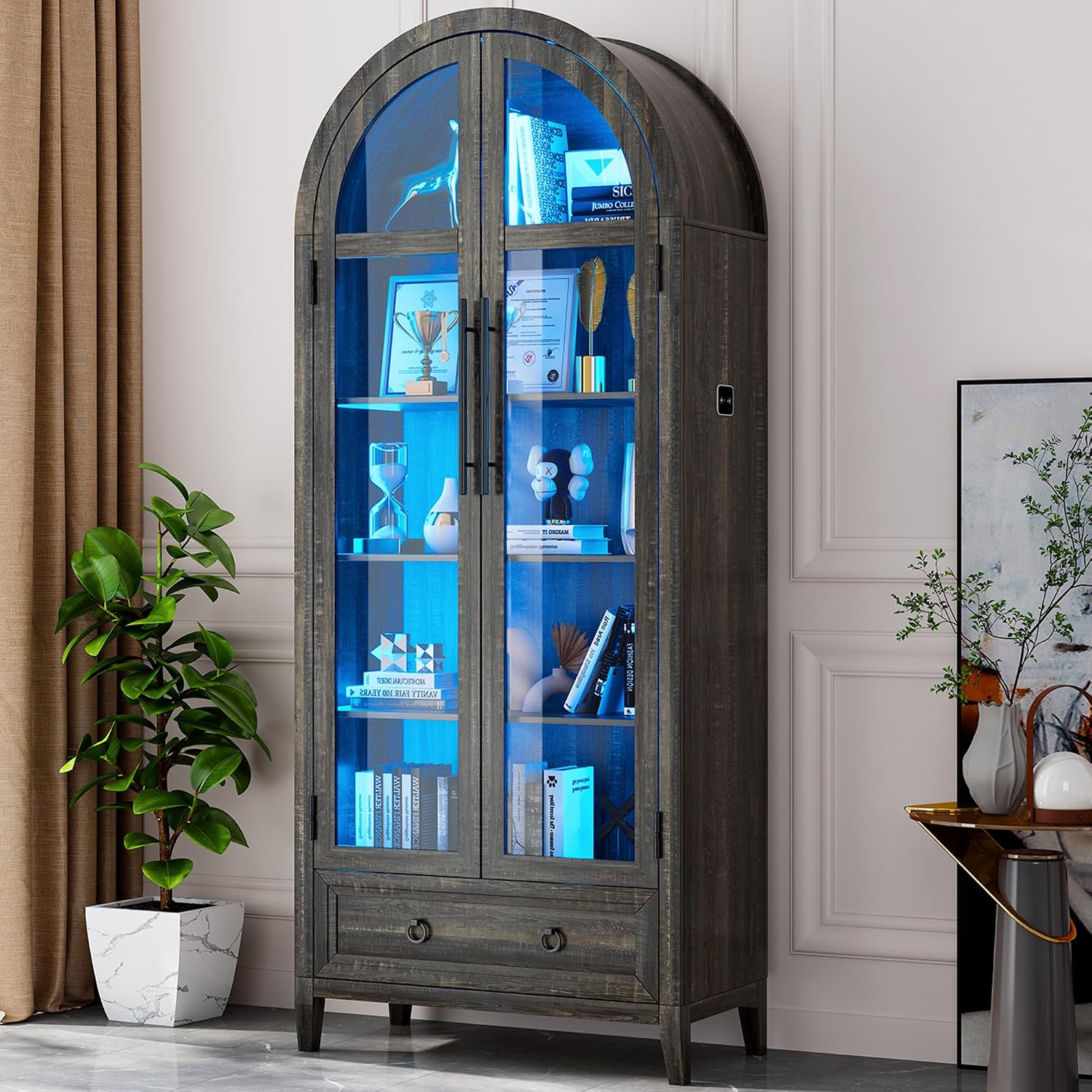 HNEBC Book Shelf with LED Lights, Arched Display Case with Storage Cabinet, Smart File Cabinet with Glass Door, Curio Cabinet with Solid Wood Legs for Home Office/Bedroom Furnniture-Brown