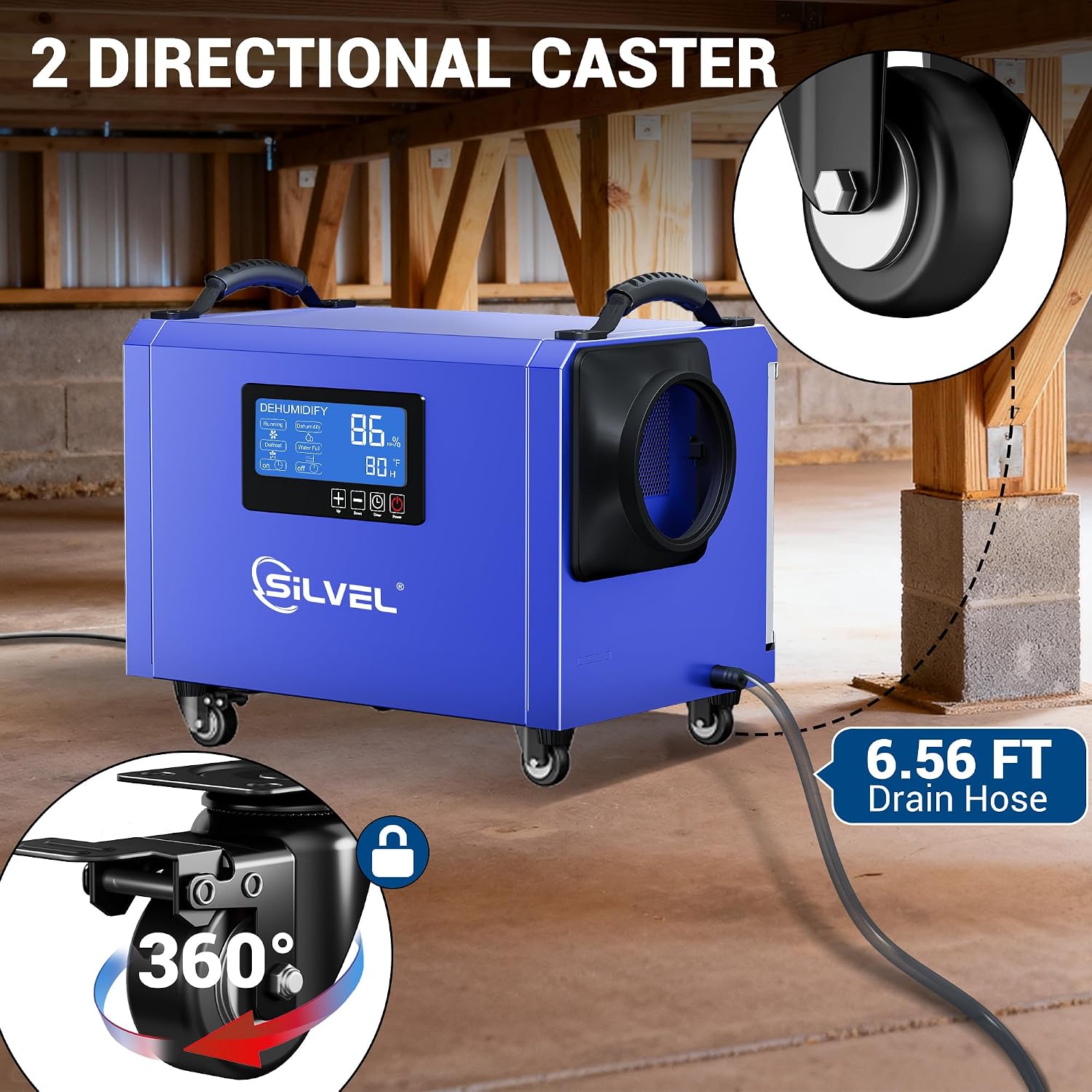 SILVEL 145 Pints Crawl Space Dehumidifier with Drain Hose, Portable Commercial Dehumidifier for Basement and Whole Home, Smart Automatic Defrost, Memory Start, Up to 6000 Sq.Ft, Blue