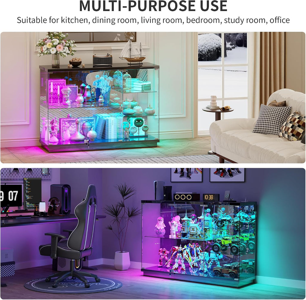HNEBC 47.2' W Display Cabinet - with Lockable Glass Door,5-Tier Glass Display Case with 12 Lights Modes for Collectibles,Lighted Cuiro Cabinet with Human Sensor,China Cabinet,Living Room,Black