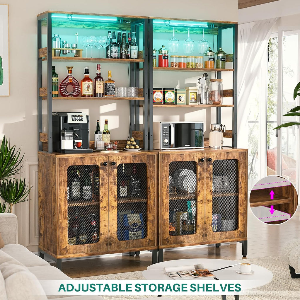 Aheaplus Bar Cabinet with Power Outlets, 67' Tall Wine Bar Liquor Cabinet with LED Lights & Glass Holder, Coffee Bars Station for Living Room, Microwave Stand Bakers Rack Cabinets, Rustic Brown