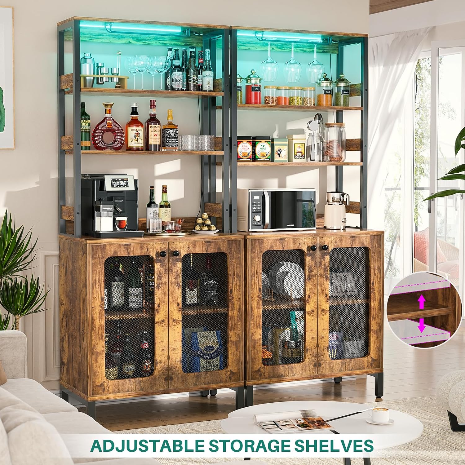 Aheaplus Bar Cabinet with Power Outlets, 67' Tall Wine Bar Liquor Cabinet with LED Lights & Glass Holder, Coffee Bars Station for Living Room, Microwave Stand Bakers Rack Cabinets, Rustic Brown