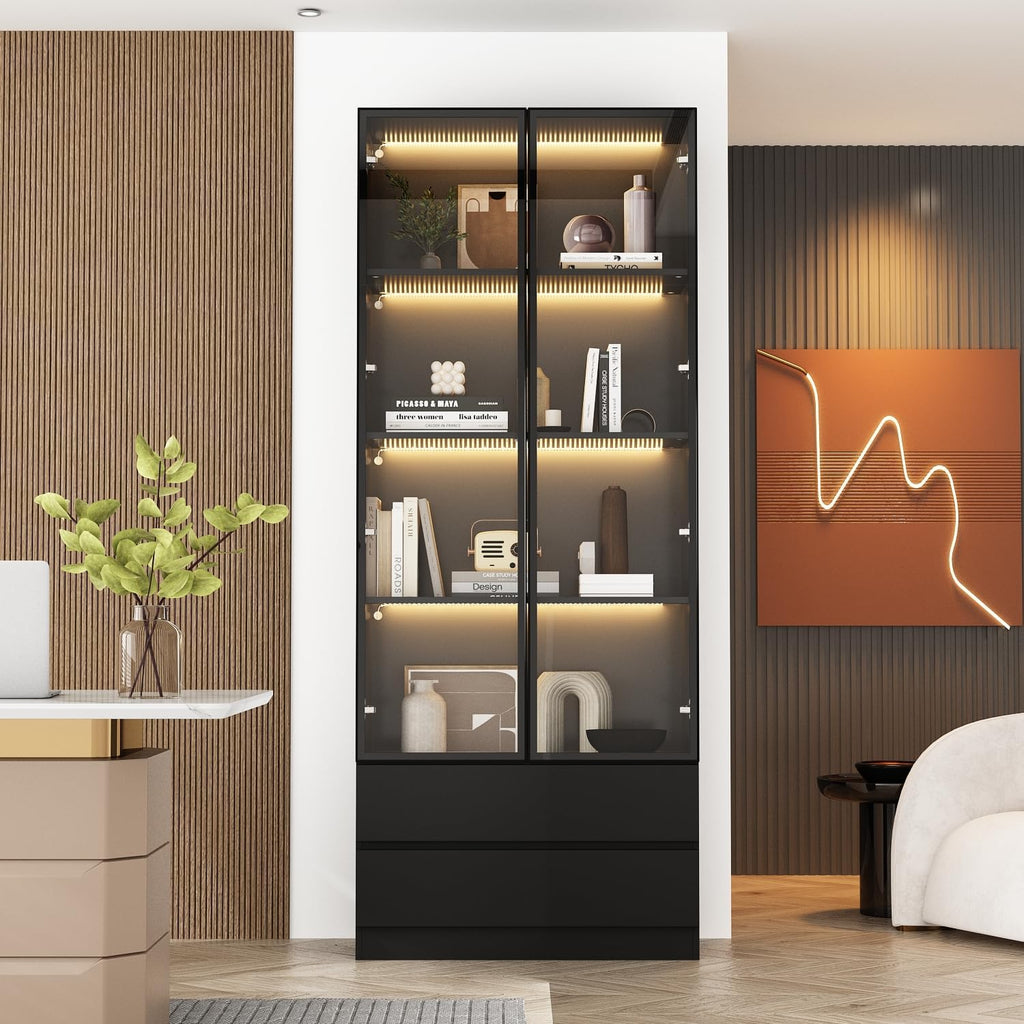 FUFU&GAGA Display Cabinet with Glass Doors and Lights, 78.7' Tall Bookshelf Glass Storage Cabinet with 4 Shelves & 2 Drawers, Bookcase for Living Room Office, Black 31.5'W x 14.2'D x 78.7'H