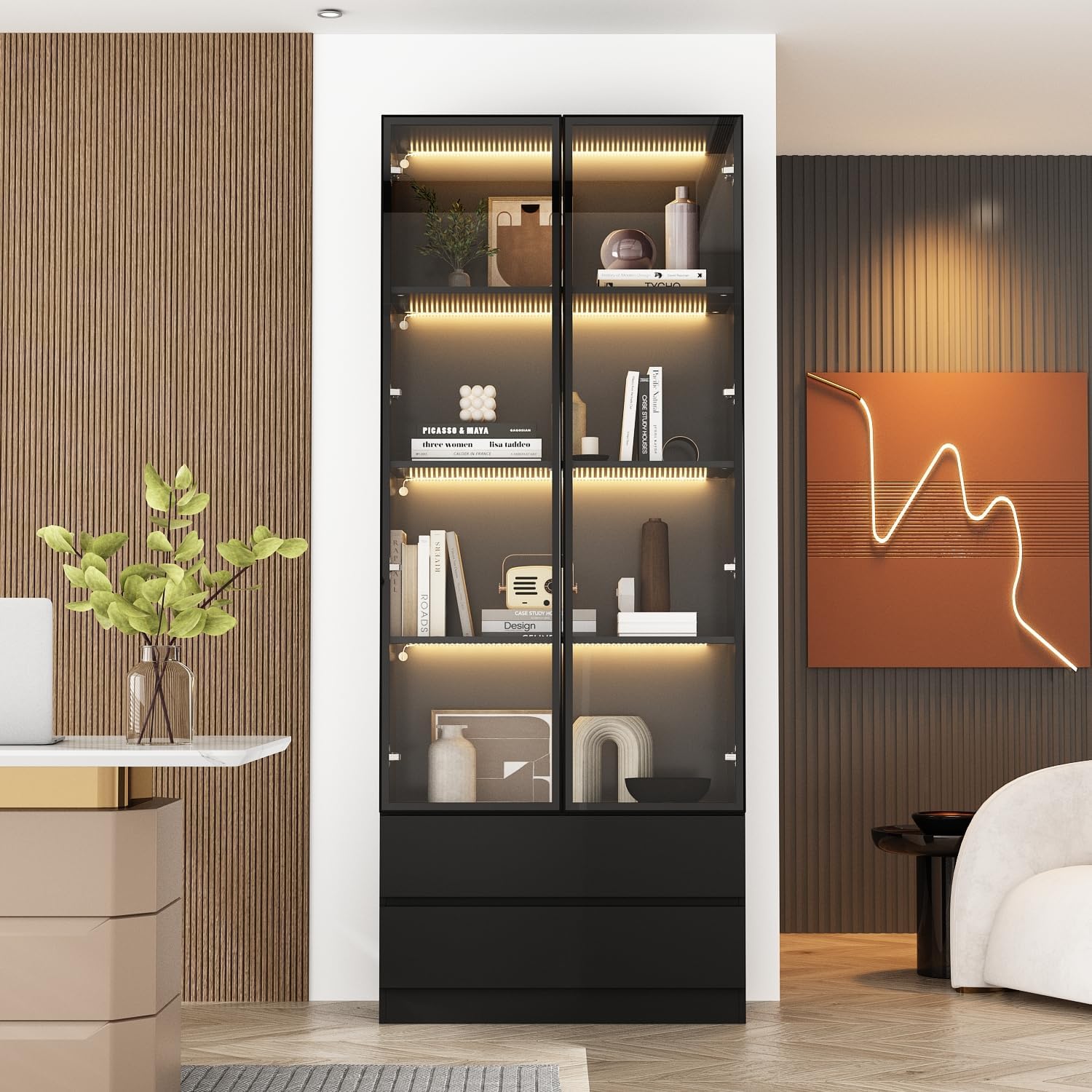 FUFU&GAGA Display Cabinet with Glass Doors and Lights, 78.7' Tall Bookshelf Glass Storage Cabinet with 4 Shelves & 2 Drawers, Bookcase for Living Room Office, Black 31.5'W x 14.2'D x 78.7'H