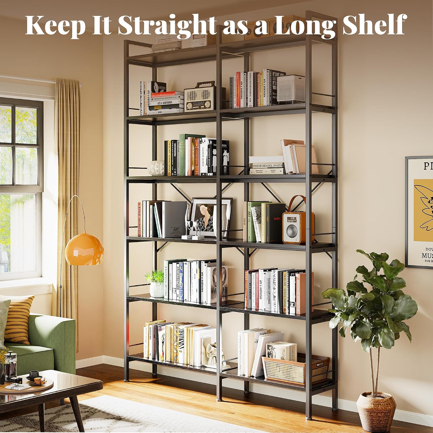 Huuger 6 Tier Bookshelf, L Shaped Corner Bookshelf with Open Shelves, 49.4 Inch Straight Wide Bookcase with Metal Frame and Wooden Board, Adjustable Feet, Black