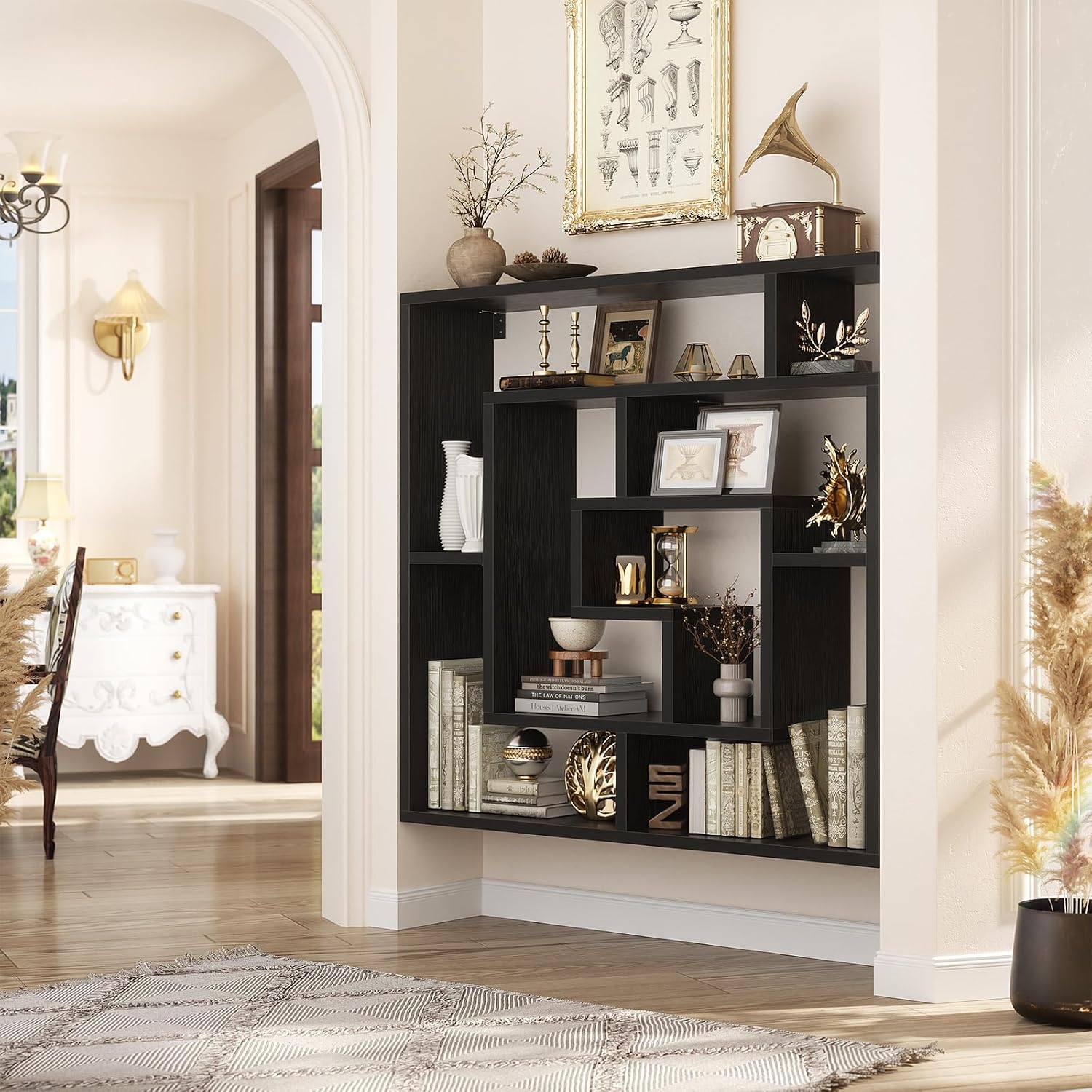 Armocity 5 Tier Display Book Shelf Wall Mounted Bookshelf Freestanding Geometric Bookcase Floating Book Shelves for Wall Bedroom Living Room Home Office, 45.5'(W) * 47'(H), Black