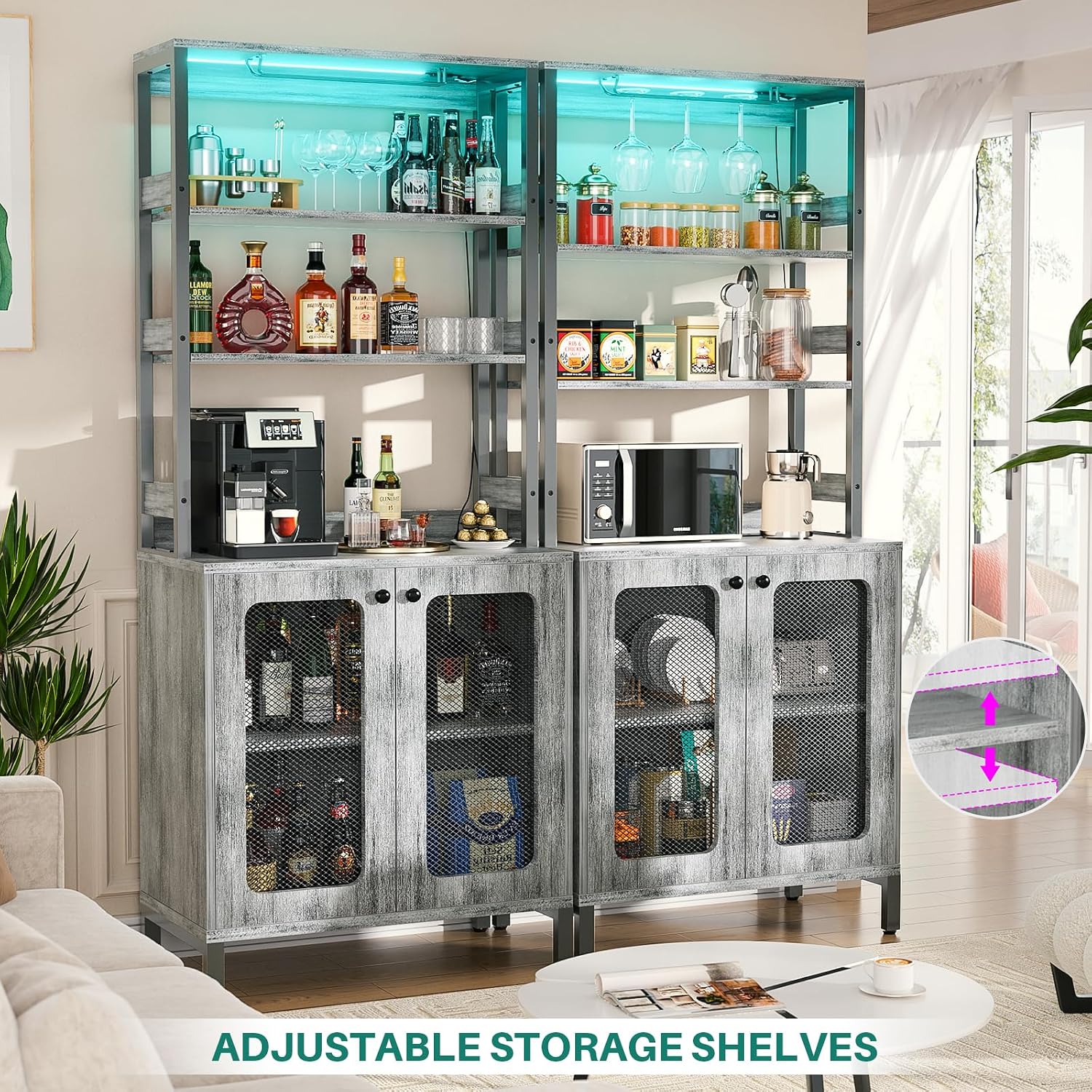 Aheaplus Bar Cabinet with Power Outlets, 67' Tall Wine Bar Cabinet Liquor Cabinet with LED Lights and Glass Holder, Coffee Bar Station for Living Room, Microwave Stand Bakers Rack Cabinet, White Oak