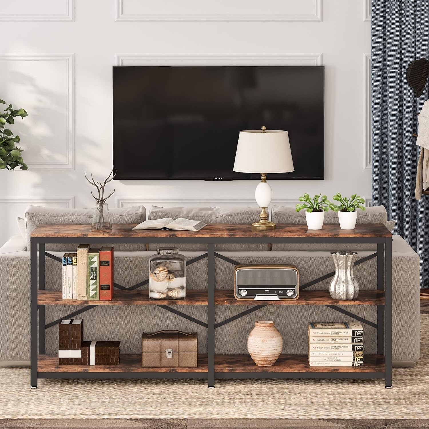 Tribesigns 70.9 Inch Extra Long Console Table, Modern Sofa Table Behind Couch Table with Storage Shelves, 3-Tier Industrial Hallway Entryway Table for Living Room, 3 Shelf Bookshelf(Brown)