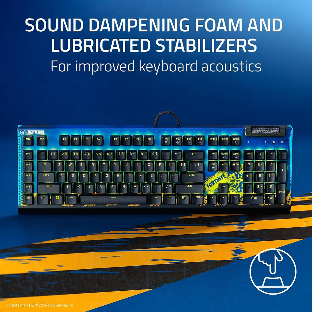 Razer BlackWidow V4 X Mechanical Gaming Keyboard: Yellow Switches Linear & Silent - 6 Macro Keys - Chroma RGB - Doubleshot ABS Keycaps - Roller & Media Keys Snap Tap - Fortnite Edition