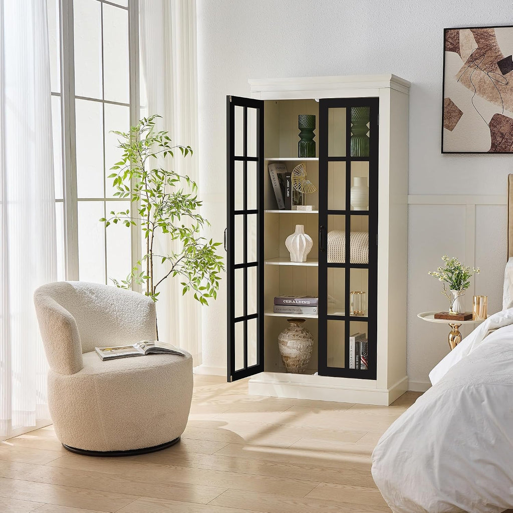 Merax 71.2' Tall Display Cabinet with Glass Doors,Rustic Style China Cabinet,Curio Cabinet for Collectibles Figures Trophies for Hallways Living Room, Kitchen, Home, Studio or Workspace,White & Black