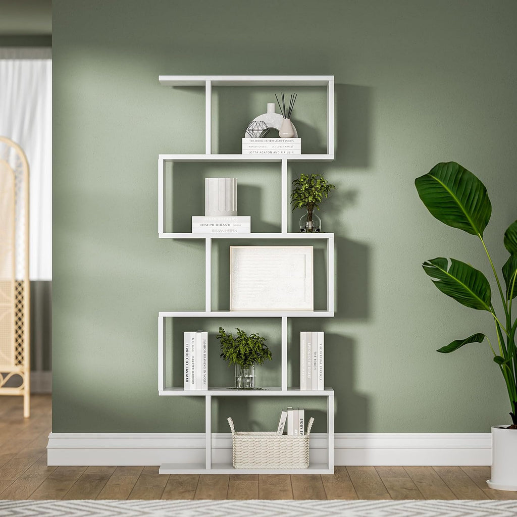 DIYART 5-Tier Geometric Bookcase (Set of 2), 62.6' Tall S-Shaped Bookshelf & Room Divider, Modern White Freestanding Display Shelving Unit for Living Room, Hallway, Home Office