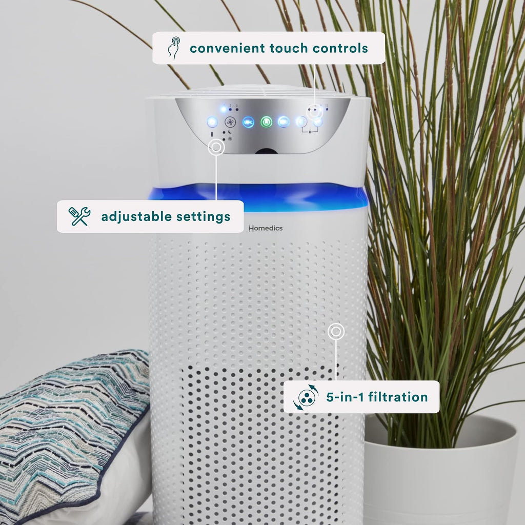 Homedics 5-in-1 UV-C Air Purifier - 360-Degree HEPA Filter for 1,593 Sq Ft, Extra Large Air Purifiers for Bedroom and Home, Essential Oil Pads, Built-In Timer, 5 Speed Settings for Large Rooms, White