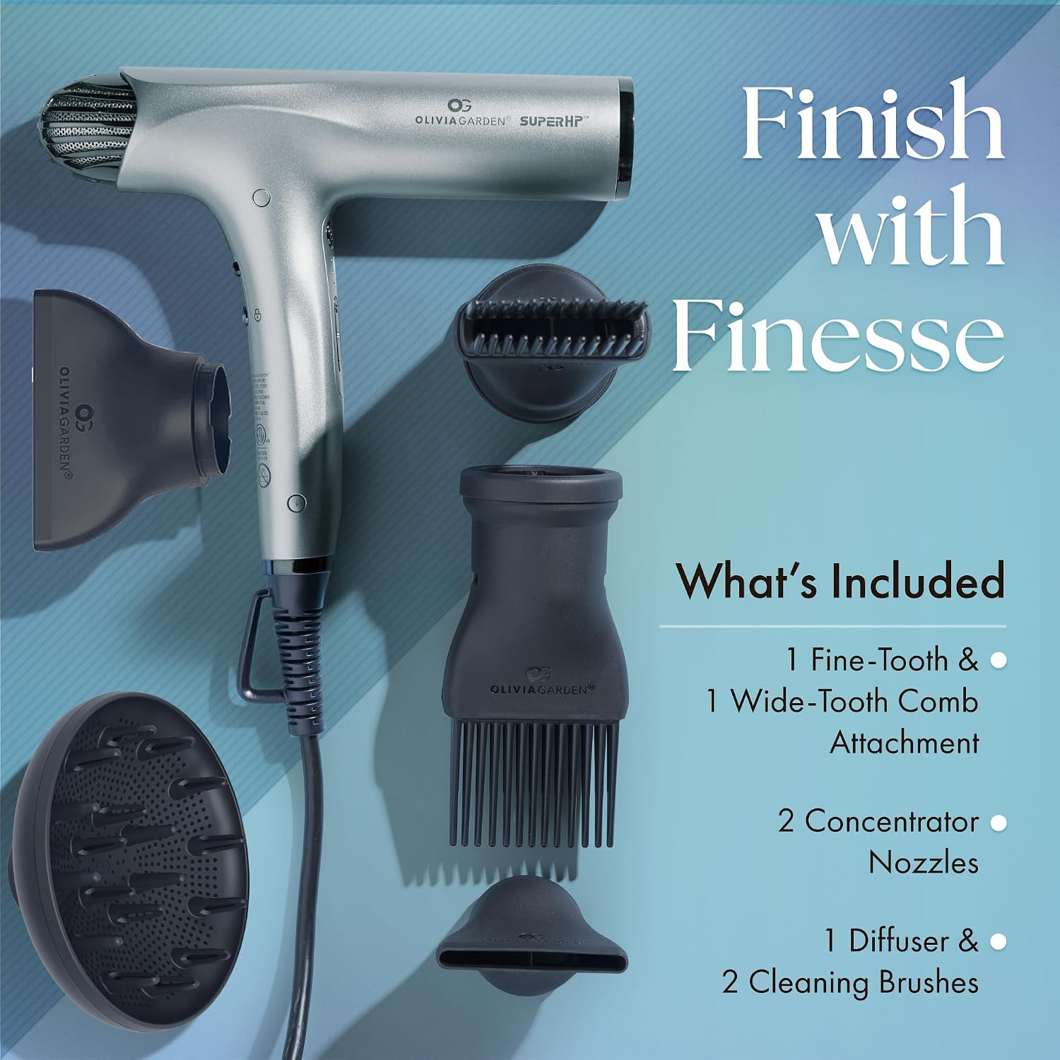 Olivia Garden 1875W SuperHP Professional Hair Dryer for All Hair Types - Quiet, Fast Drying Blow Dryer - Powerful Ionic Generator - 5 Attachments, Including 2 Comb and 1 Diffuser Attachments