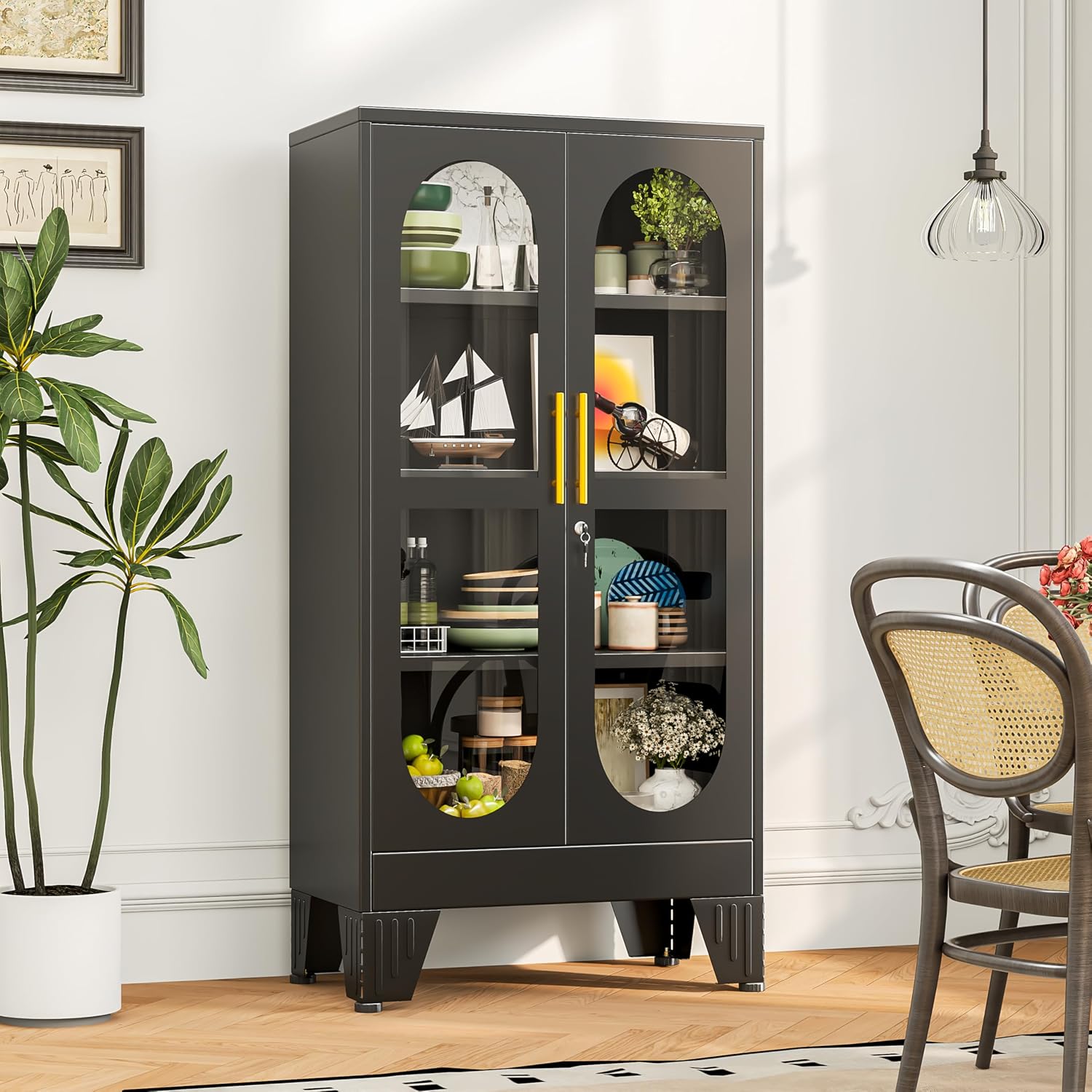 GAIOUS 47' Tall Metal Curio Cabinet, Display Storage Cabinet with Glass Door, 4 Tier Liquor Cabinet with 3 Adjustable Shelves, Locking Glass Display Case for Collectibles, Showcase Cabinets, Black