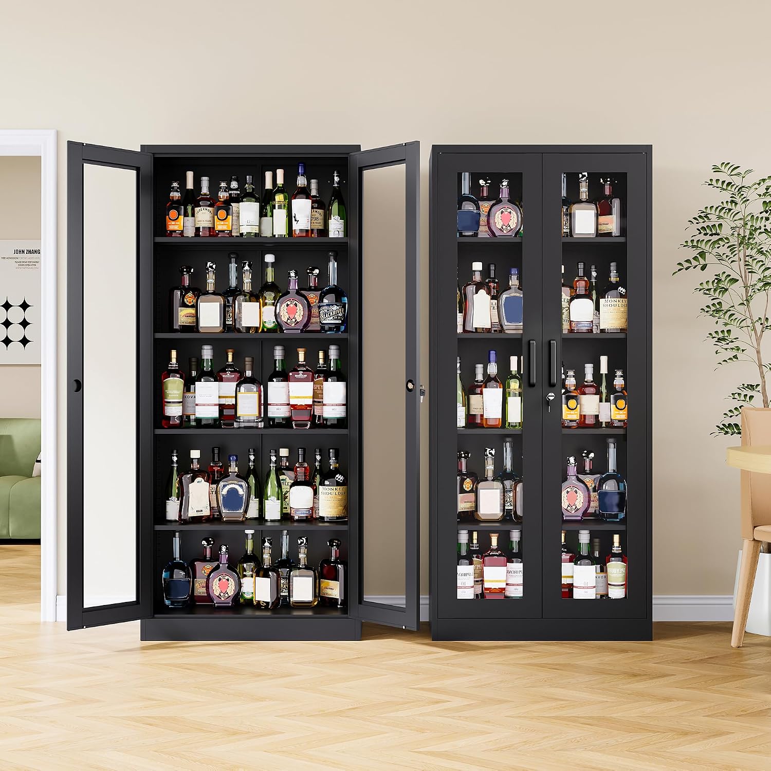 Metal Storage Cabinet with Lock and Glass Doors,Glass Display Cabinet,Black Storage Cabinets,Locking Curio Cabinets with 5 Shelves for Collectibles,Home,Office,Living Room