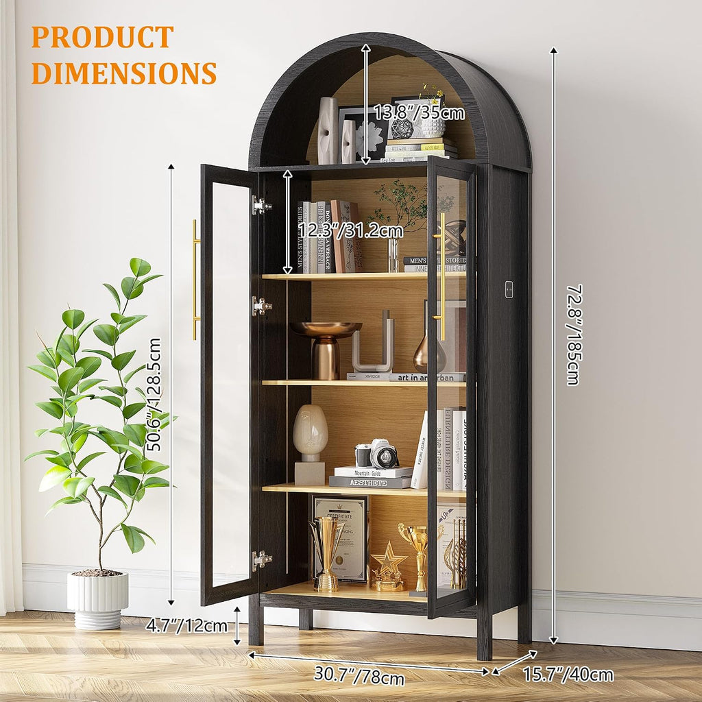 HWB Display Curio Cabinet with Glass Doors, Arched Bookcase 5-Tier Tall Storage Cabinet for Collectibles, Display Case with 3 Color Lights, Human Sensor Design, Black