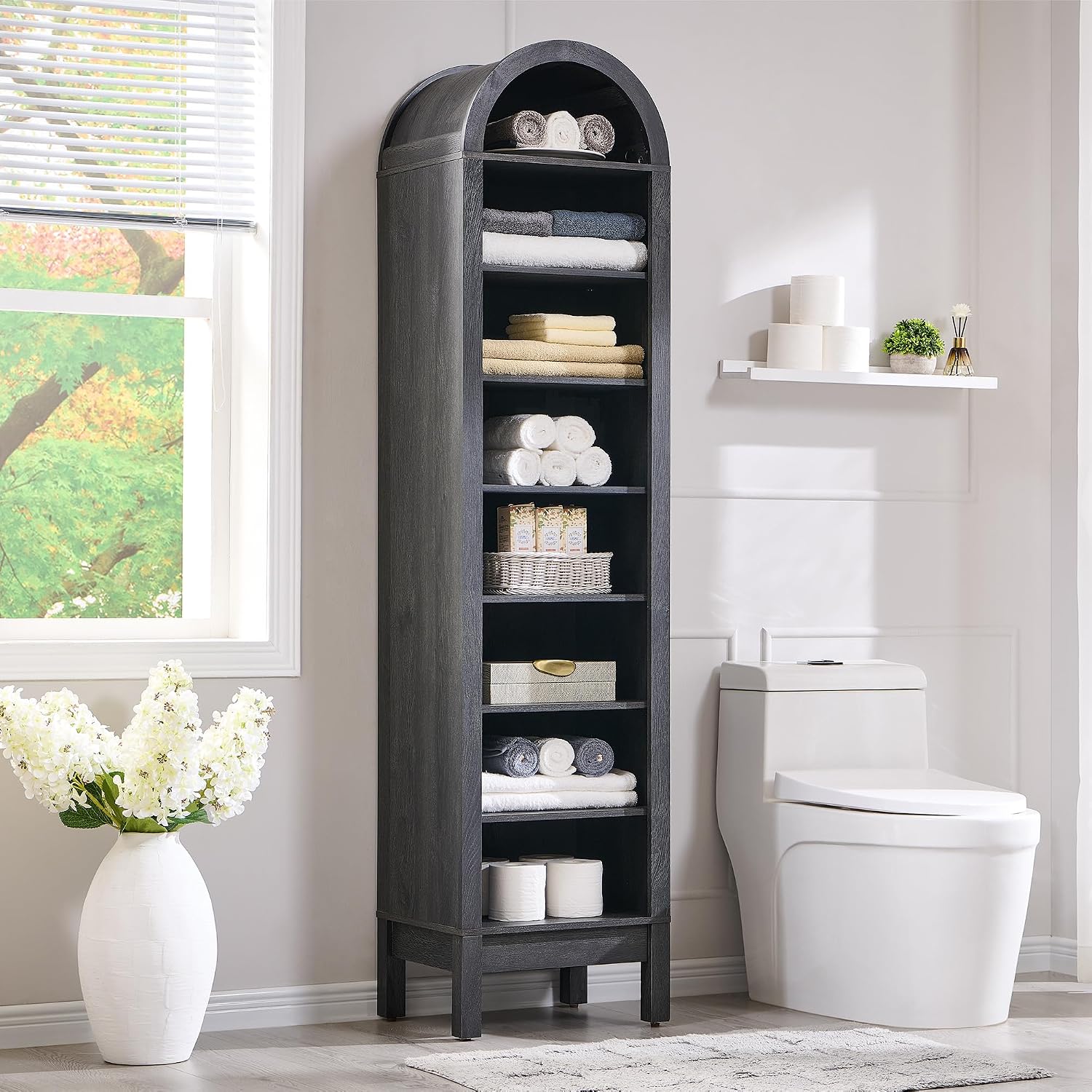 IFGET 71' Tall Arched Bookshelf, 8 Tiers Arch Bookcase with Storage, Modern Farmhouse Book Shelf with Adjustable Shelves, Wood Bookshelf w/Open Display Shelves for Living Room, Office (Dark Grey)
