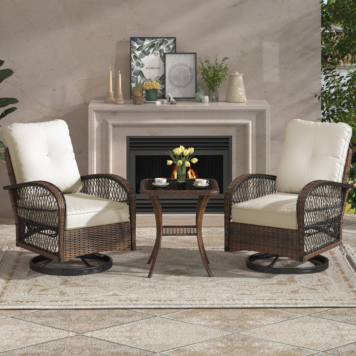 EROMMY 3 Pieces Patio Furniture Set, Outdoor Swivel Rocker Patio Chairs, Wicker Patio Bistro Set with Rocking Chair, Thickened Cushions and Glass Coffee Table for Backyard, Garden, Beige